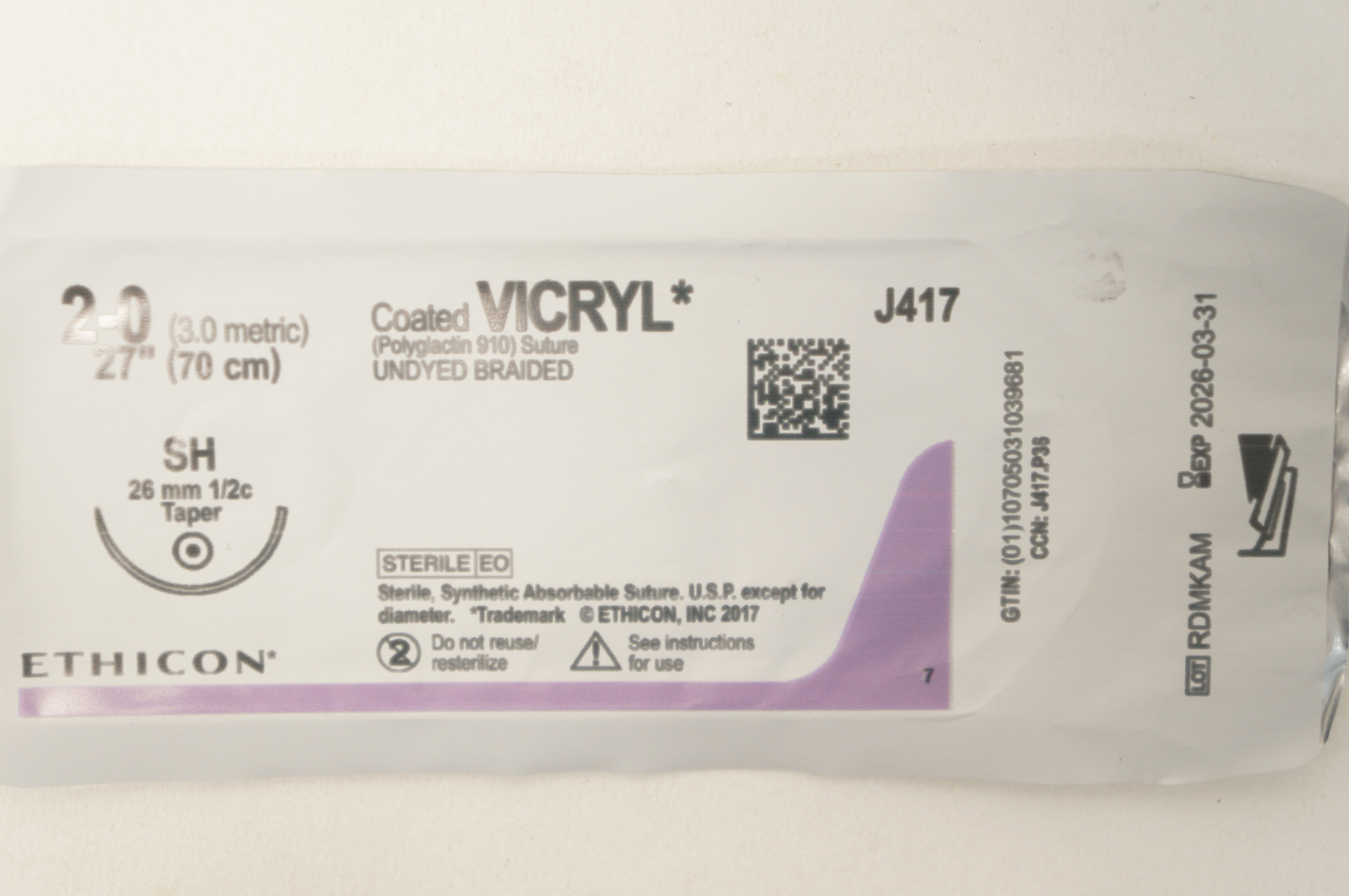 Ethicon J417 2-0 Coated VICRYL Polyglactin 910 Stre SH 26mm 1/2c Taper 27inch