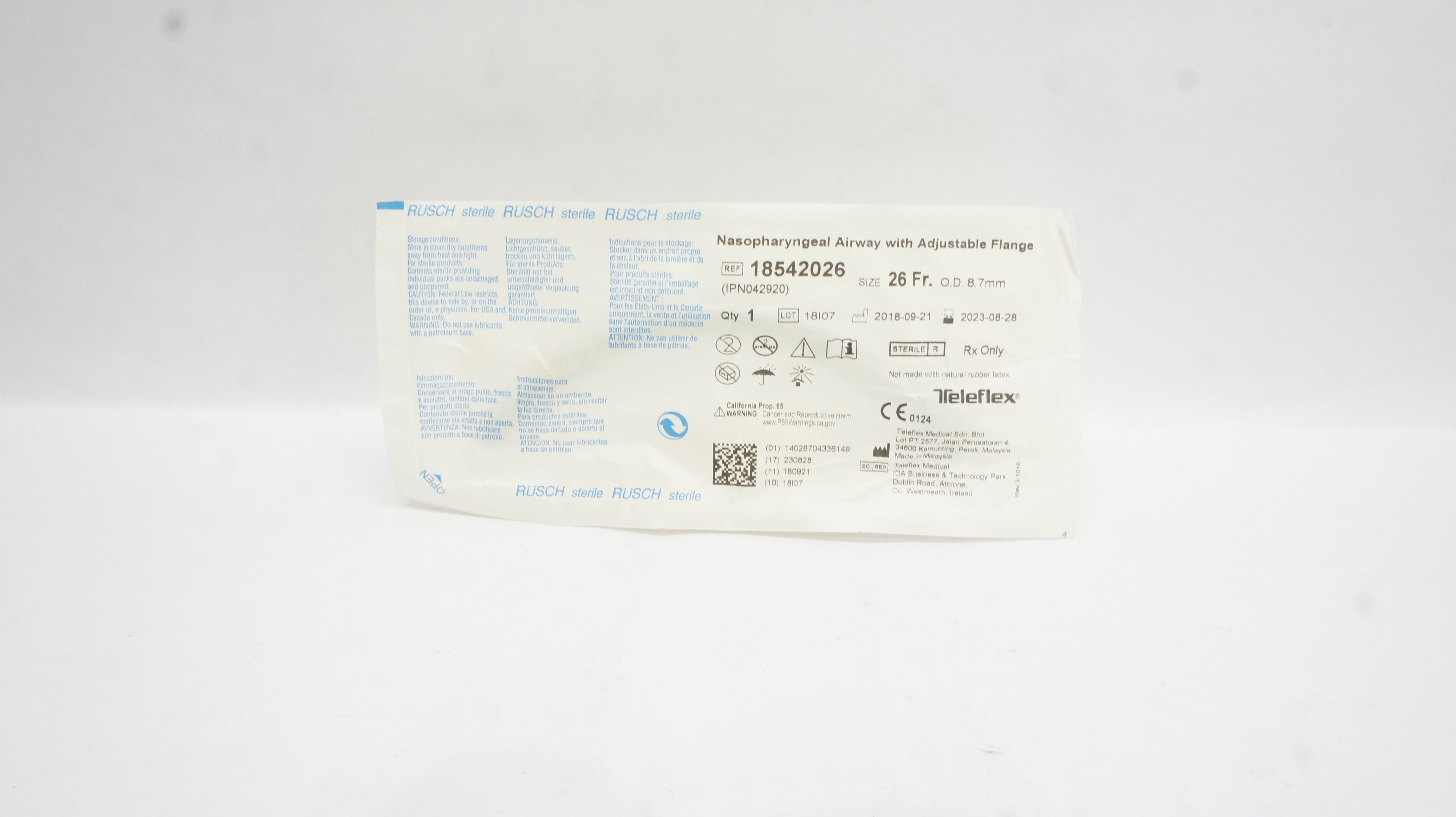 Teleflex 18542026 Nasopharyngeal Airway w/Adjustable Flange 26Fr. x 8.7mmO.D.(x)