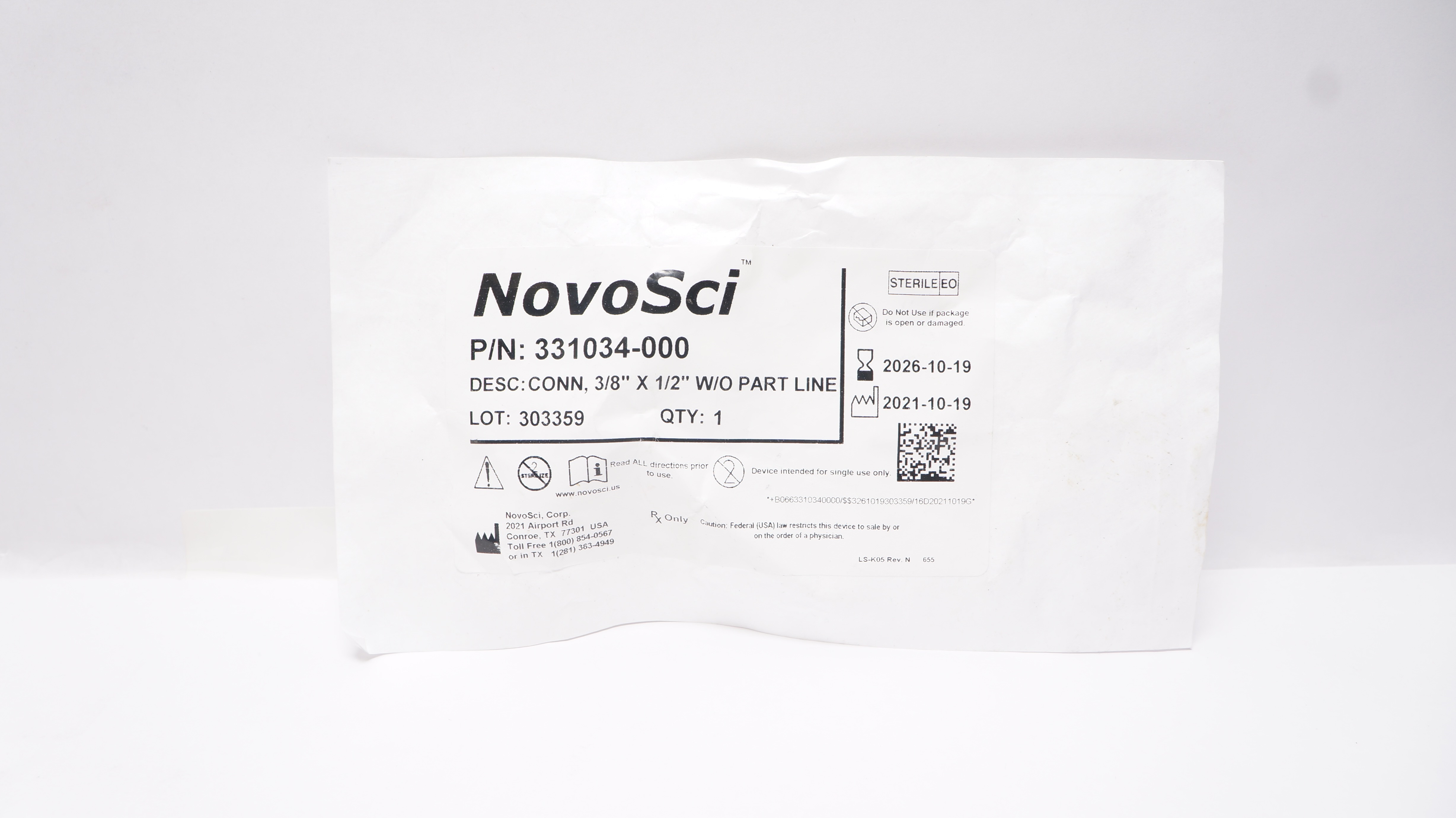 NovoSci 331034-000 Connector, 3/8inch x 1/2inch W/O Part Line
