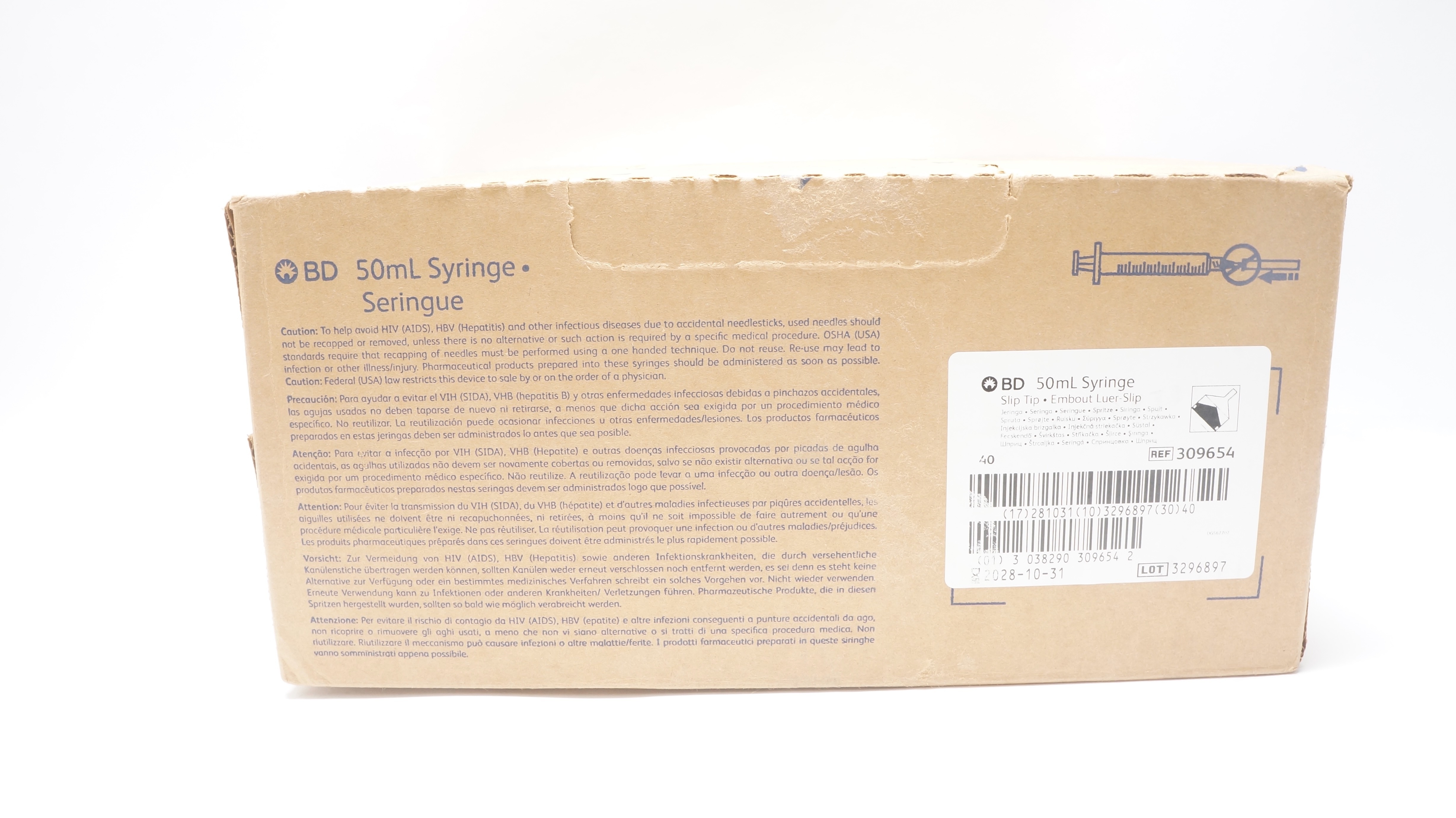 BD 309654 Slip Tip Syringe 50mL - Case of 40