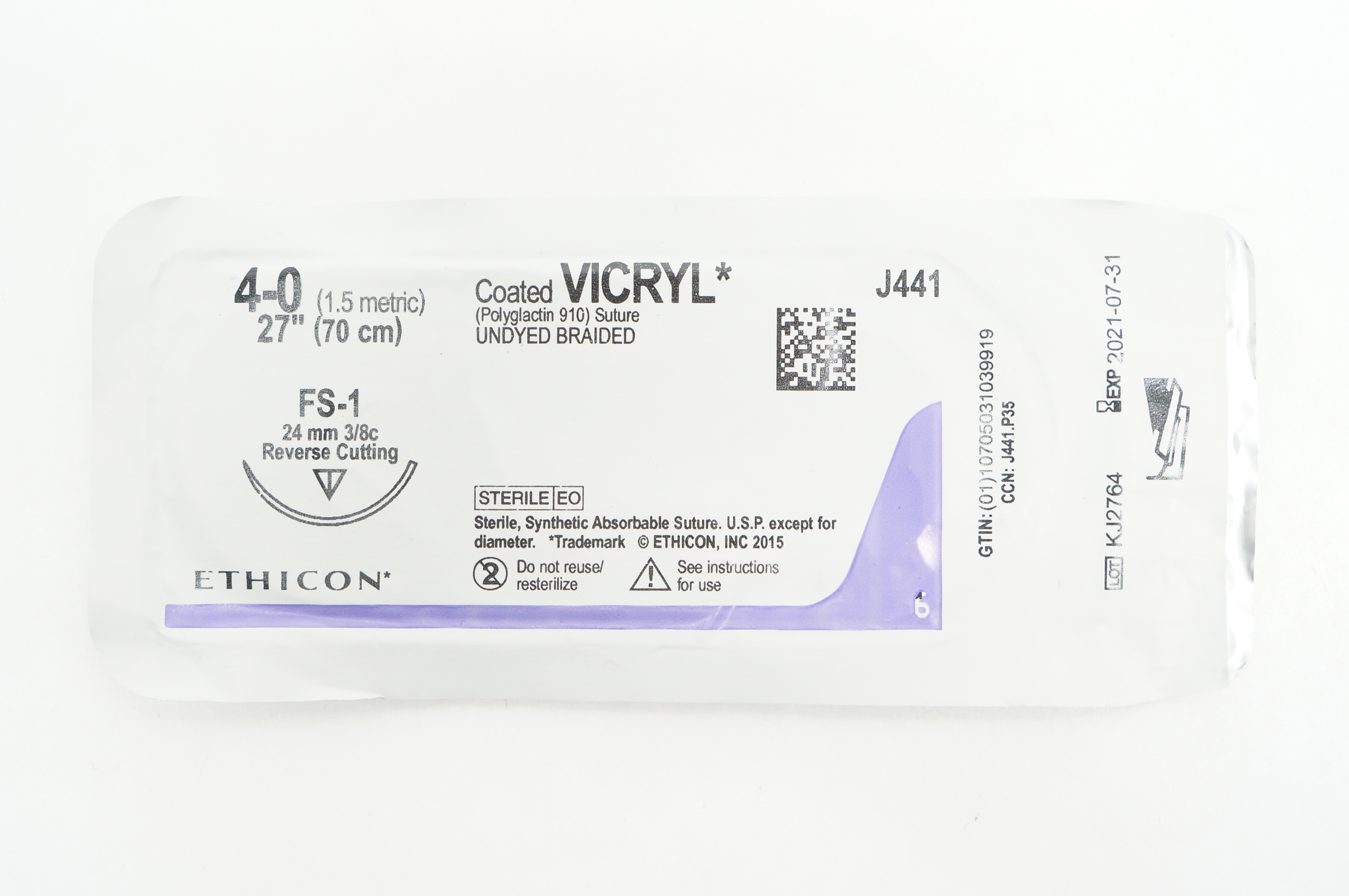 Ethicon J441 4-0 Coated VICRYL FS-1 24mm 3/8c Reverse Cutting, 27inch (x)
