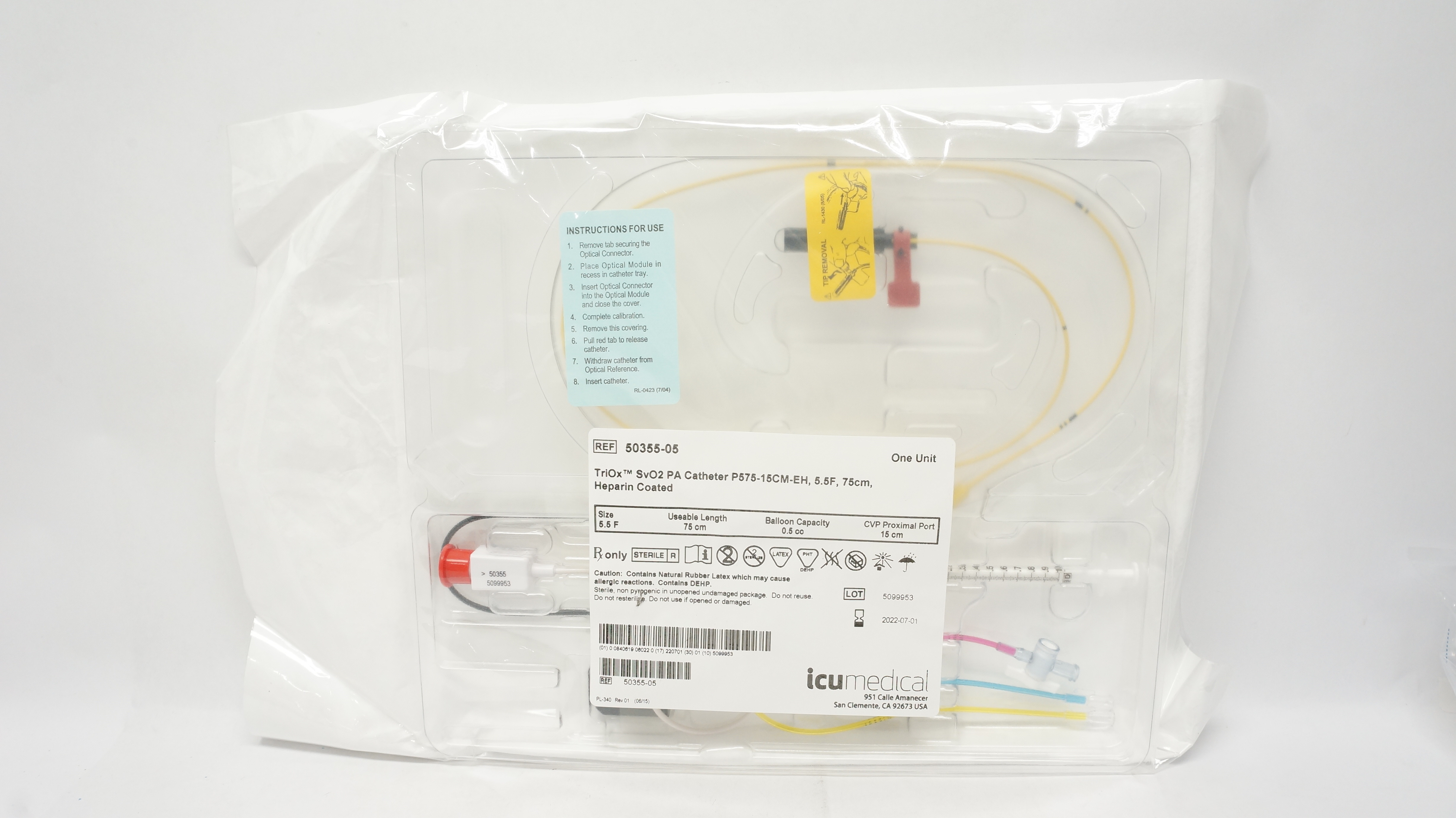 ICU Medical 50355-05 TriOx SvO2 PA Cath. Heparin Coated 5.5F x 75cm (x)