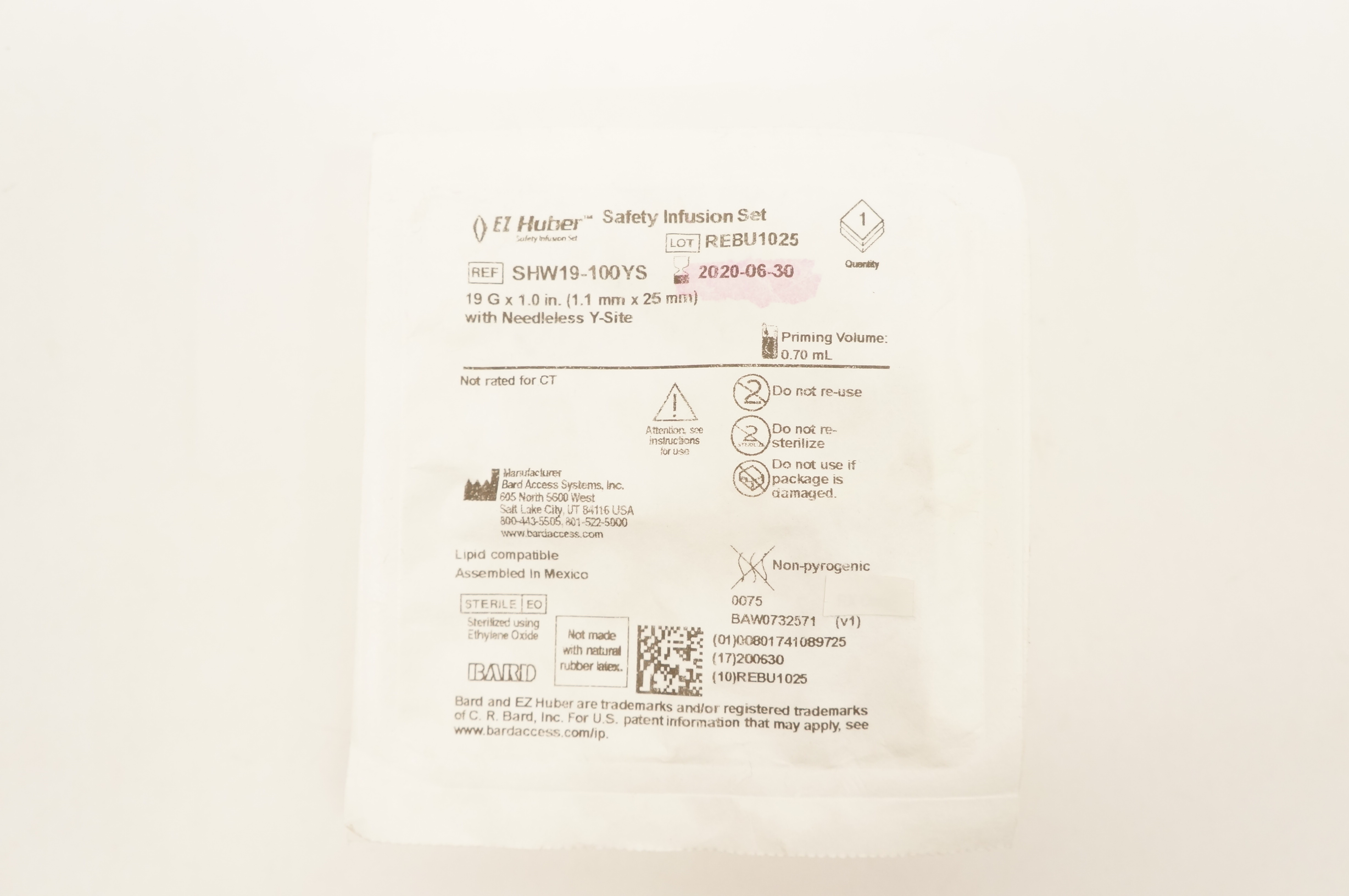 Bard SHW19-100YS EZ Huber Safety Infusion Set 19G x 1.0inch Prim.Vol. 0.70mL (x)