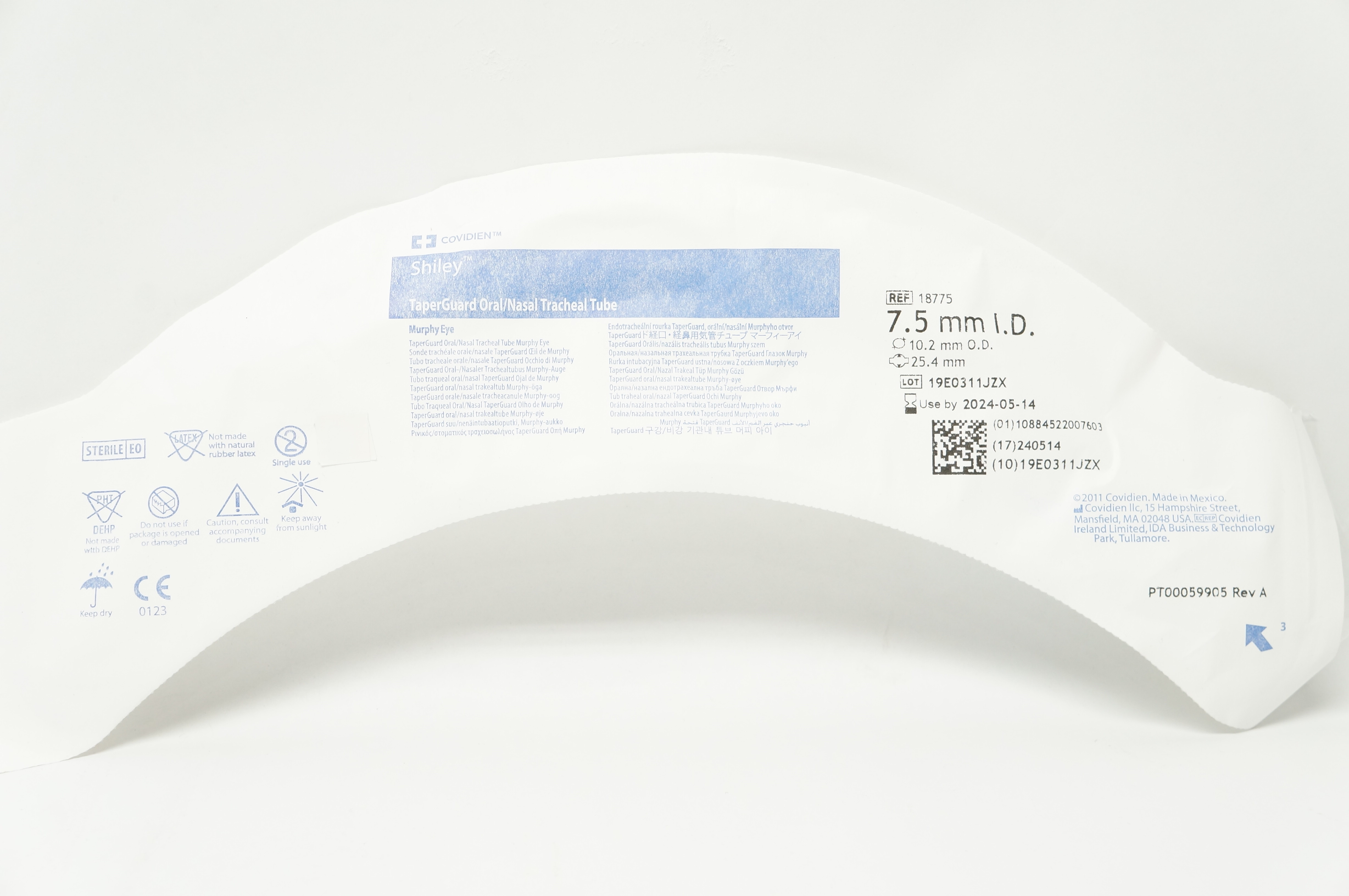 Covidien 18775 Shiley TaperGuard Oral/Nasal Tracheal Tube 7.5mm ID, 10.2mm OD