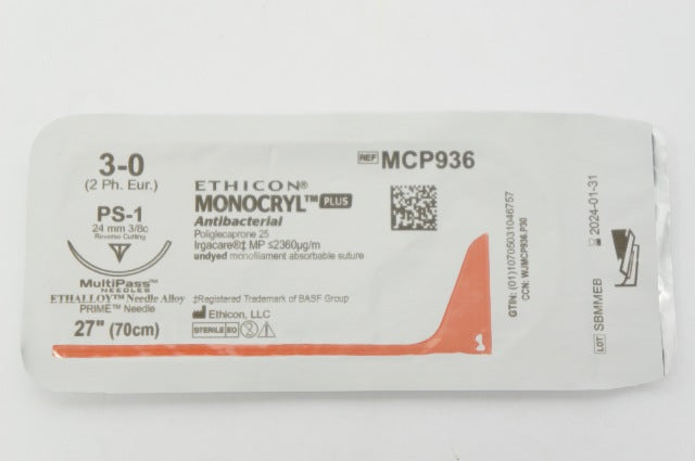 Ethicon MCP936 3-0 Monocryl Plus Stre PS-1 24mm 3/8c Reverse Cutting 27inch