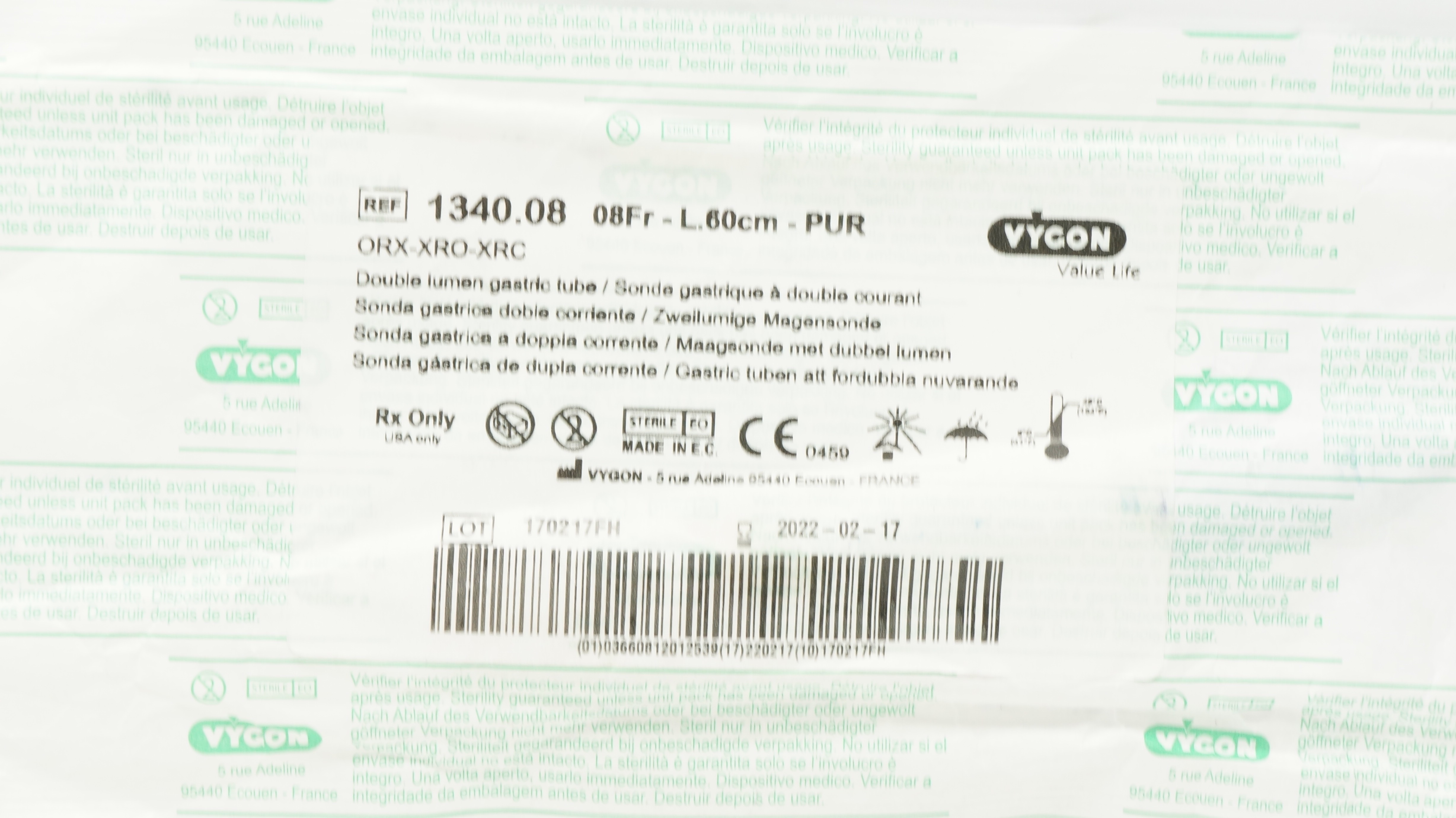 Vygon 1340.08 Double Lumen Gastric Tube 08Fr x 60cm (x)