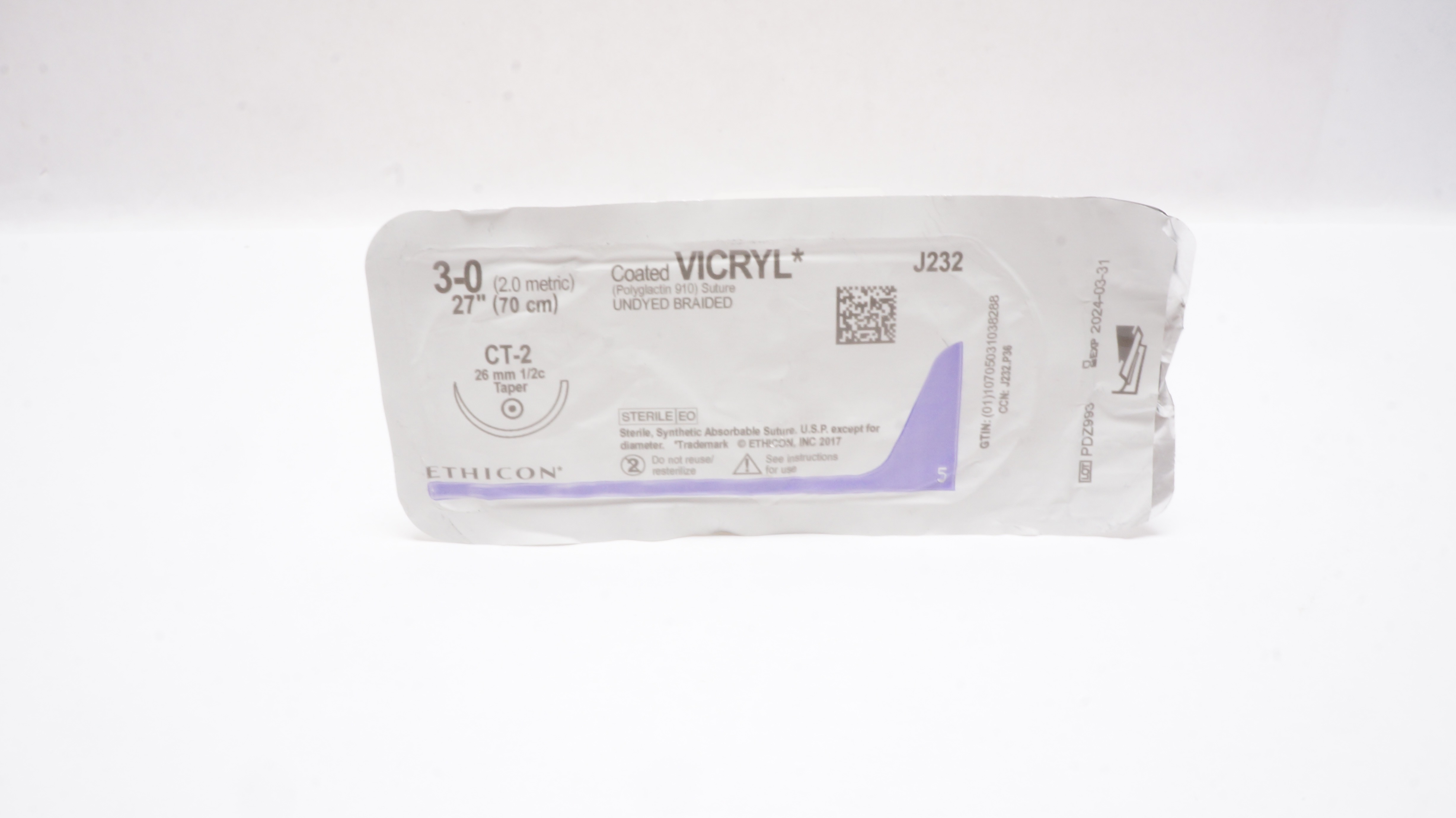 Ethicon J232 3-0 VICRYL, CT-2, 26mm 1/2c Taper, 27inch