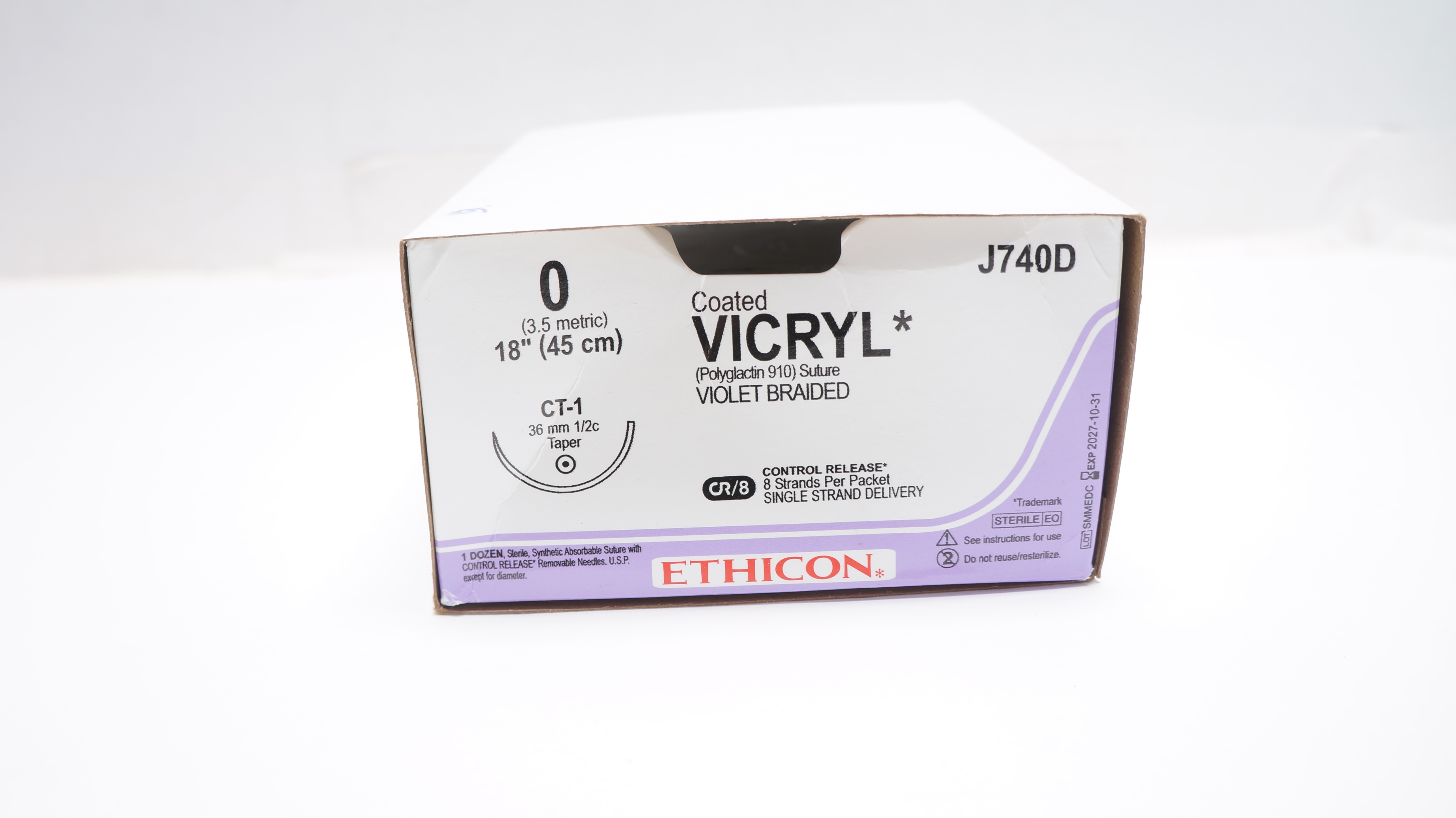 Ethicon J740D 0 Coated VICRYL CT-1 36mm 1/2c Taper 18inch - Box of 9