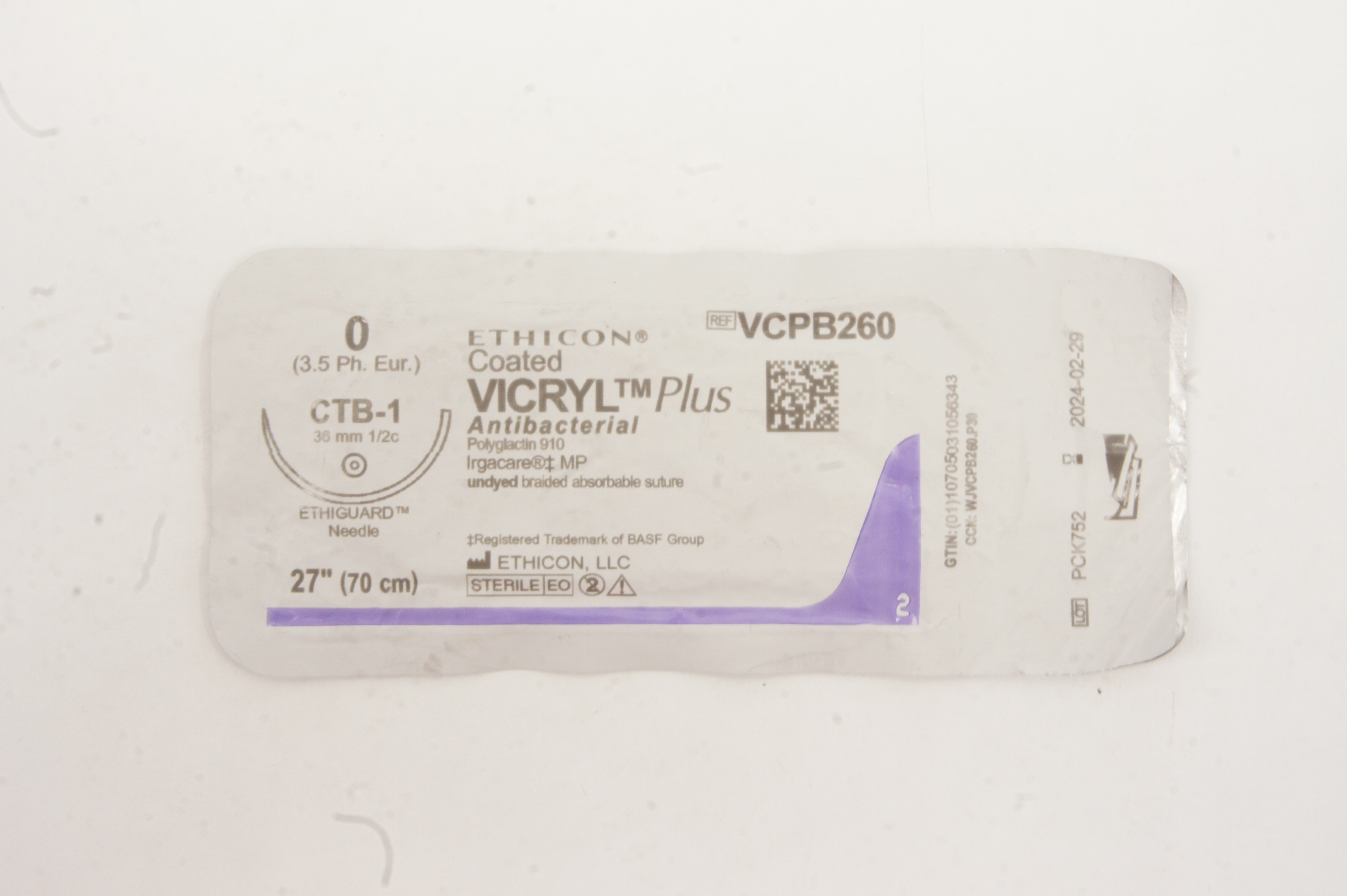 Ethicon VCPB260 0 VICRYL Plus Antibacterial, CTB-1, 36mm 1/2c, 27inch