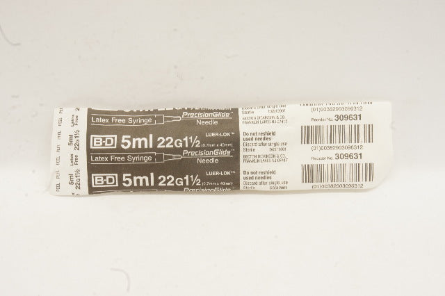 BD 309631 Syringe Luer-Lok W/ PrecisionGlide Ndle 5 mL 22Ga x 1-1/2Inch