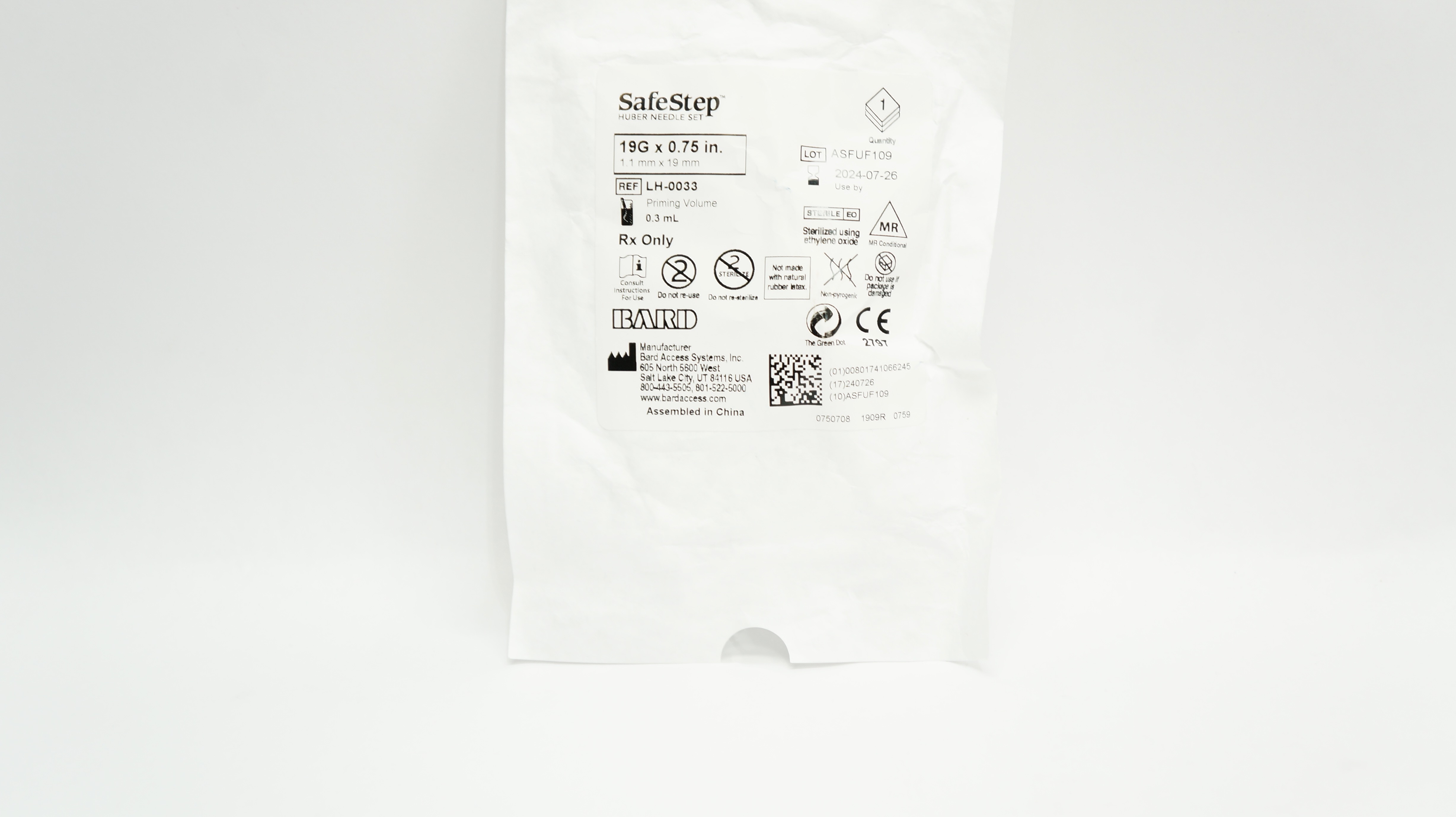 Bard LH-0033 SafeStep Huber Ndle Set 19G x 0.75 inch, Priming Volume 0.3mL