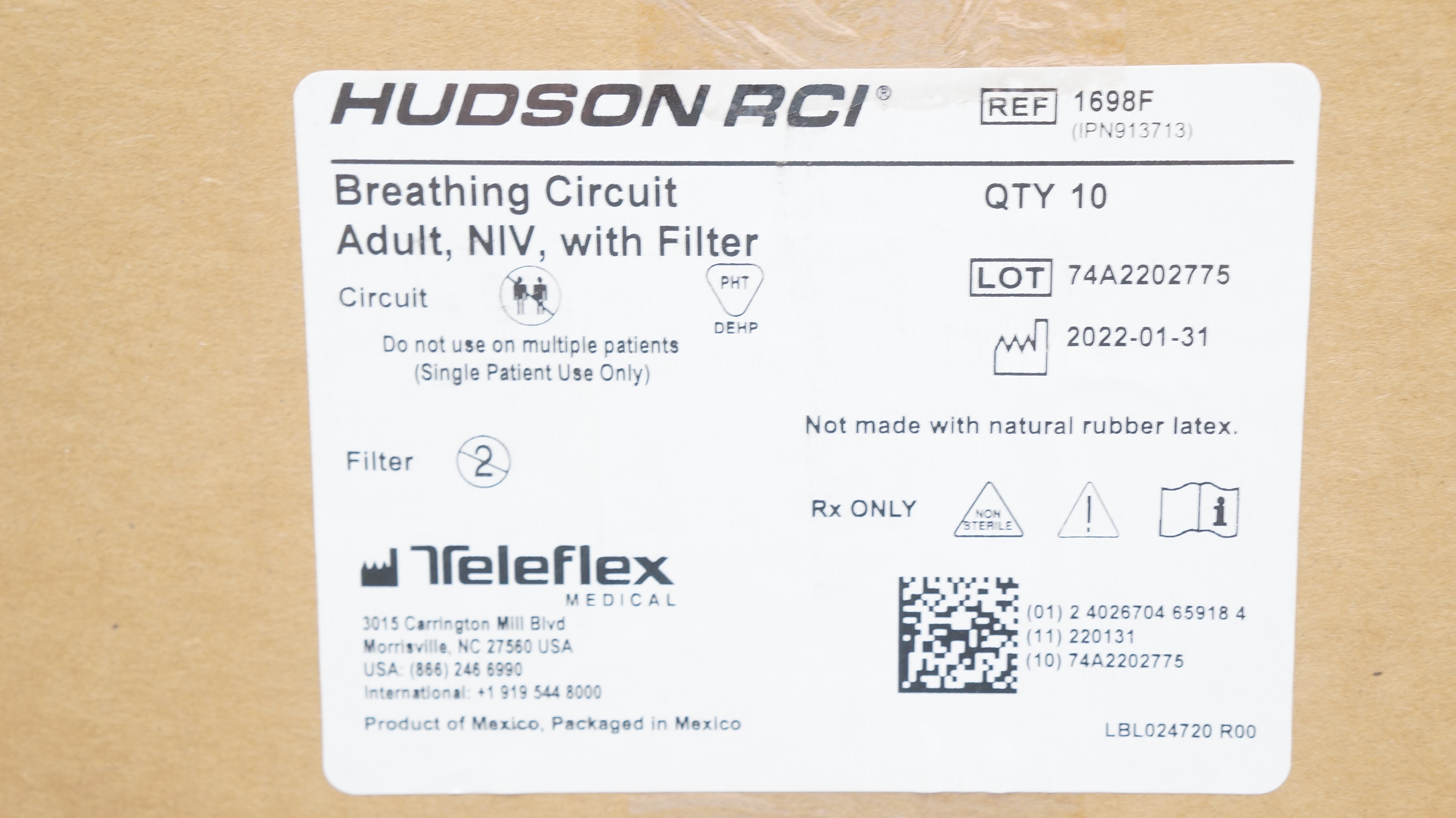 Teleflex 1698F Hudson RCI Adult Breathing Circuit W/Filter - Case of 10