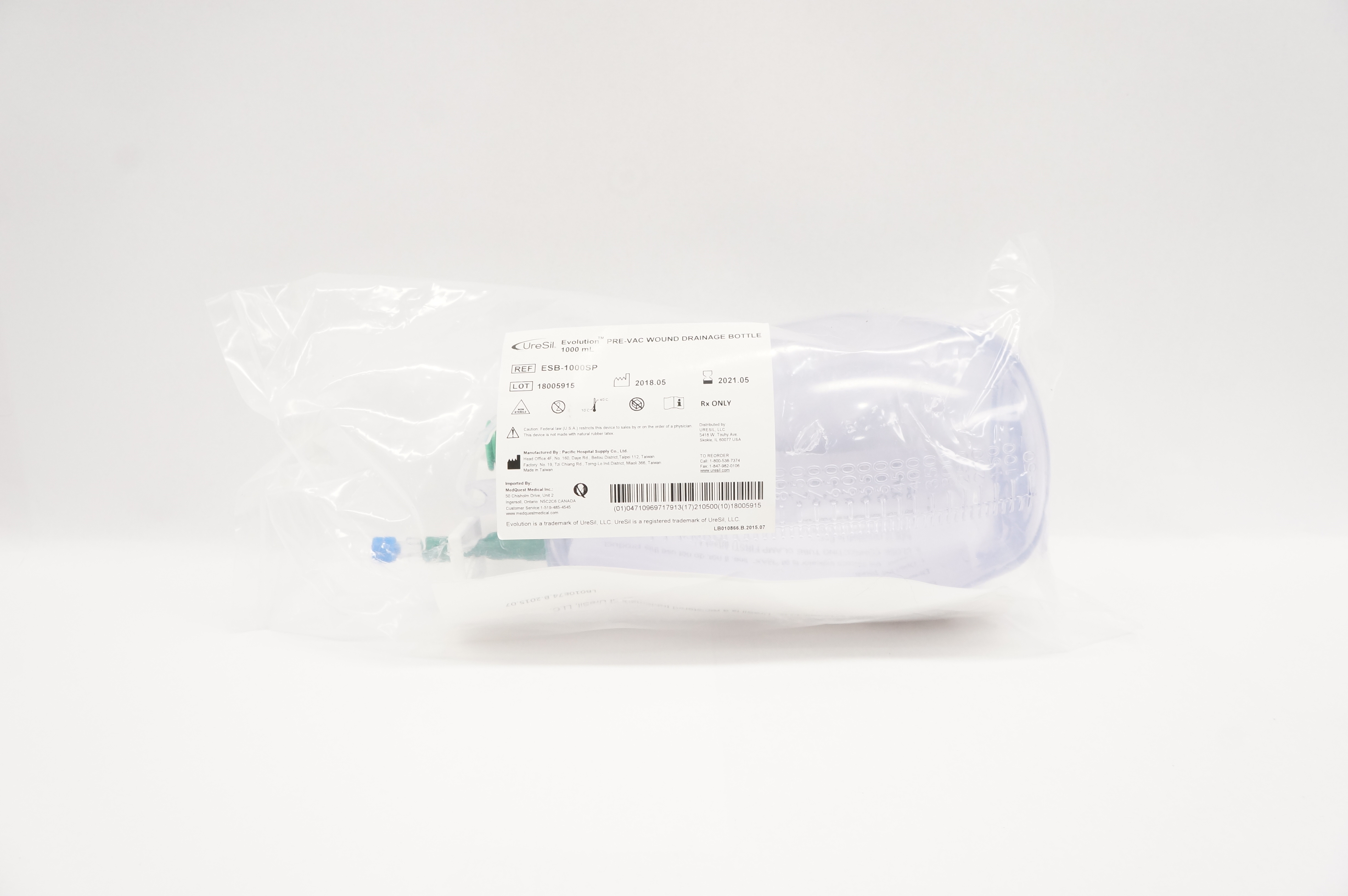 UreSil ESB-1000SP Evolution Pre-Vac Wound Drainage Bottle, 1000mL (x)