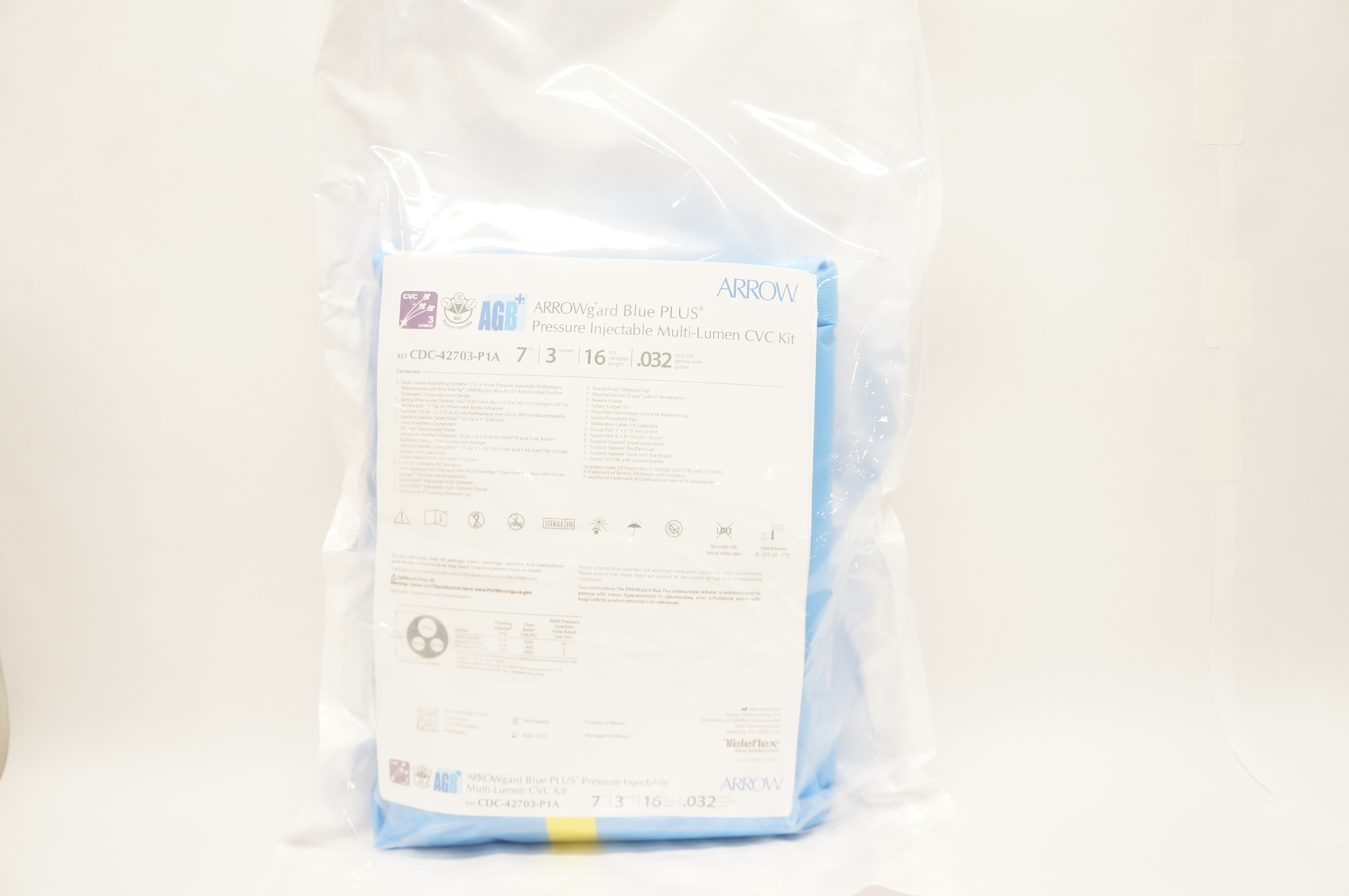 Teleflex CDC-42703-P1A  Arrow Pressure Injectable Multi-Lumen CVC Kit 7Fr x 16cm