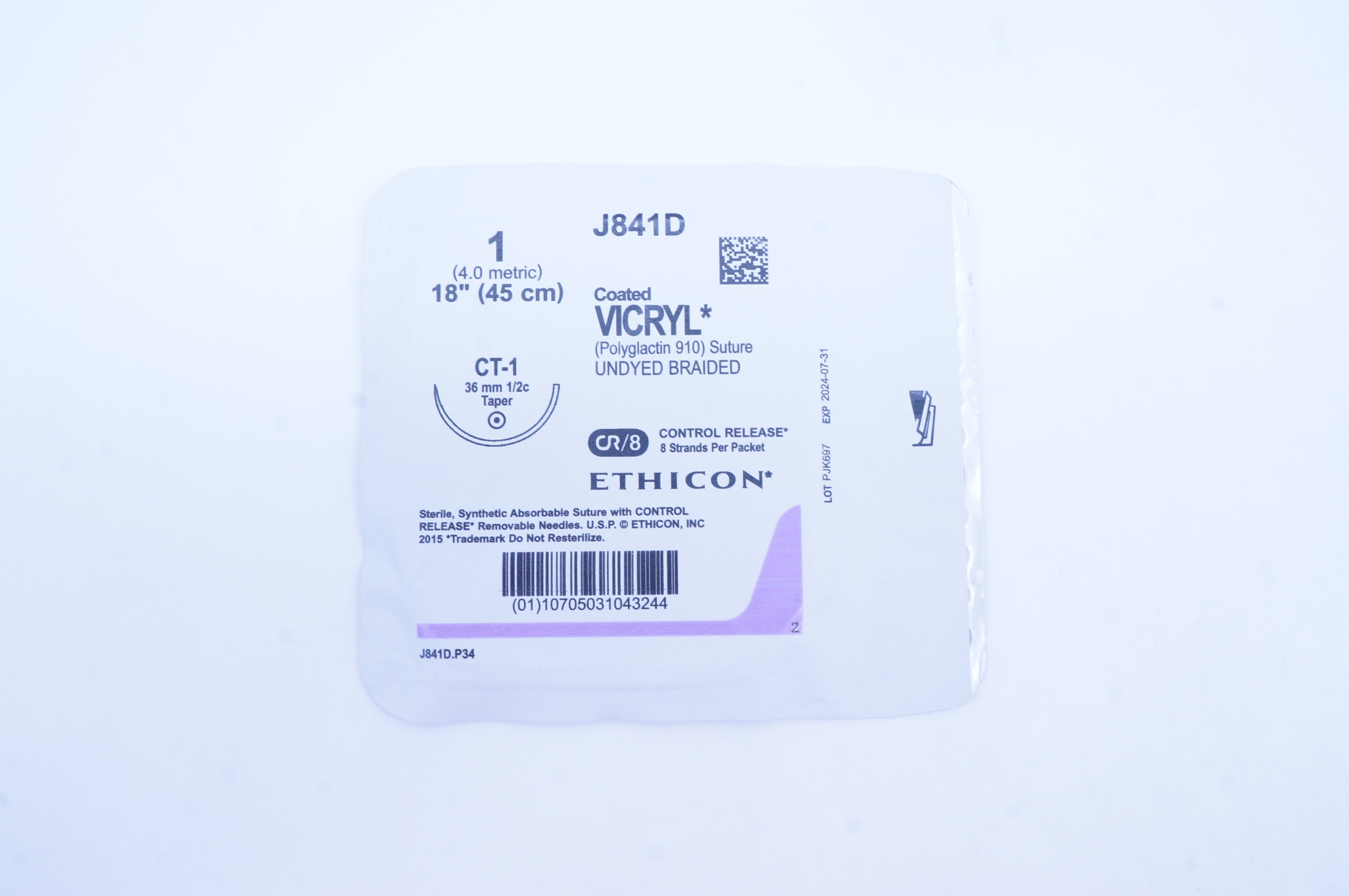 Ethicon J841D 1 Coated VICRYL CT-1 36mm 1/2c Taper, 18inch