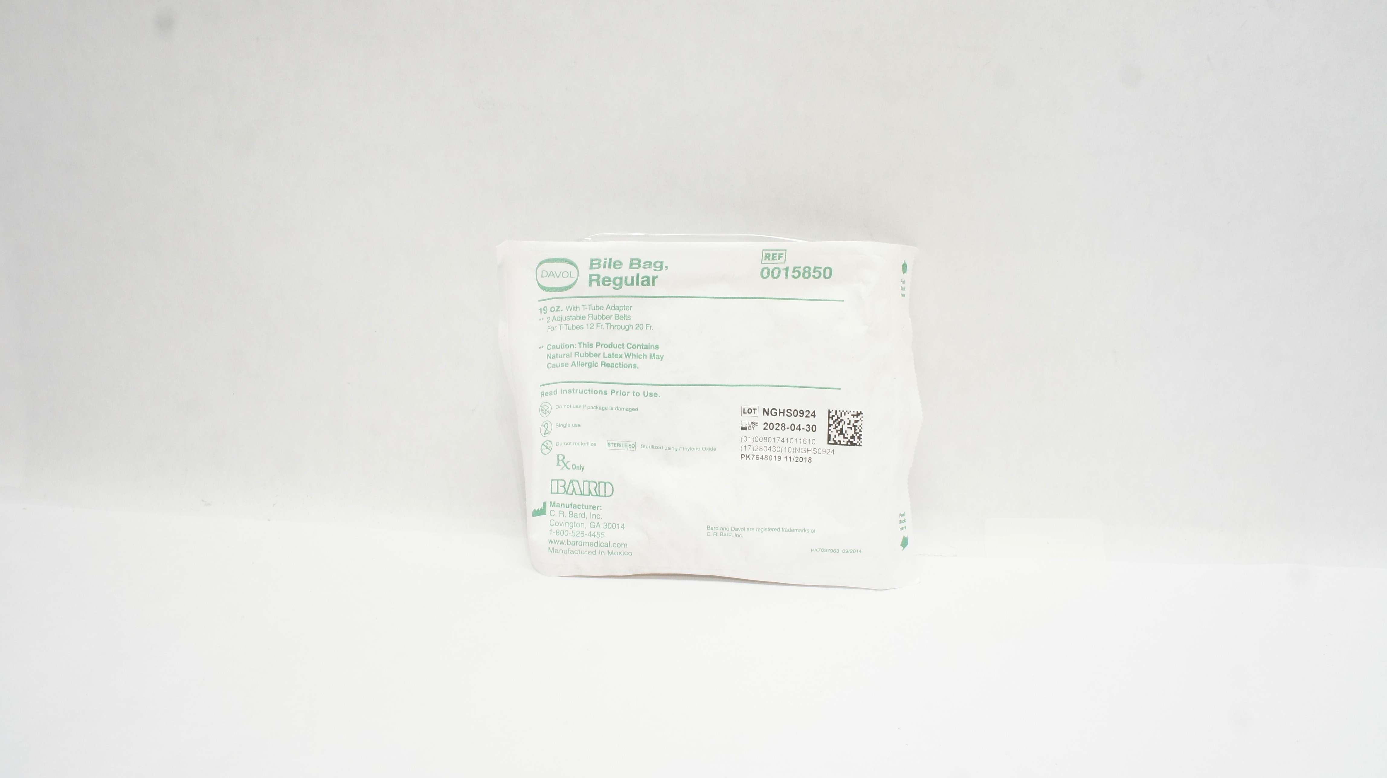 Bard 0015850 Davol Bile Bag Regular 19oz with T-Tube Adapter