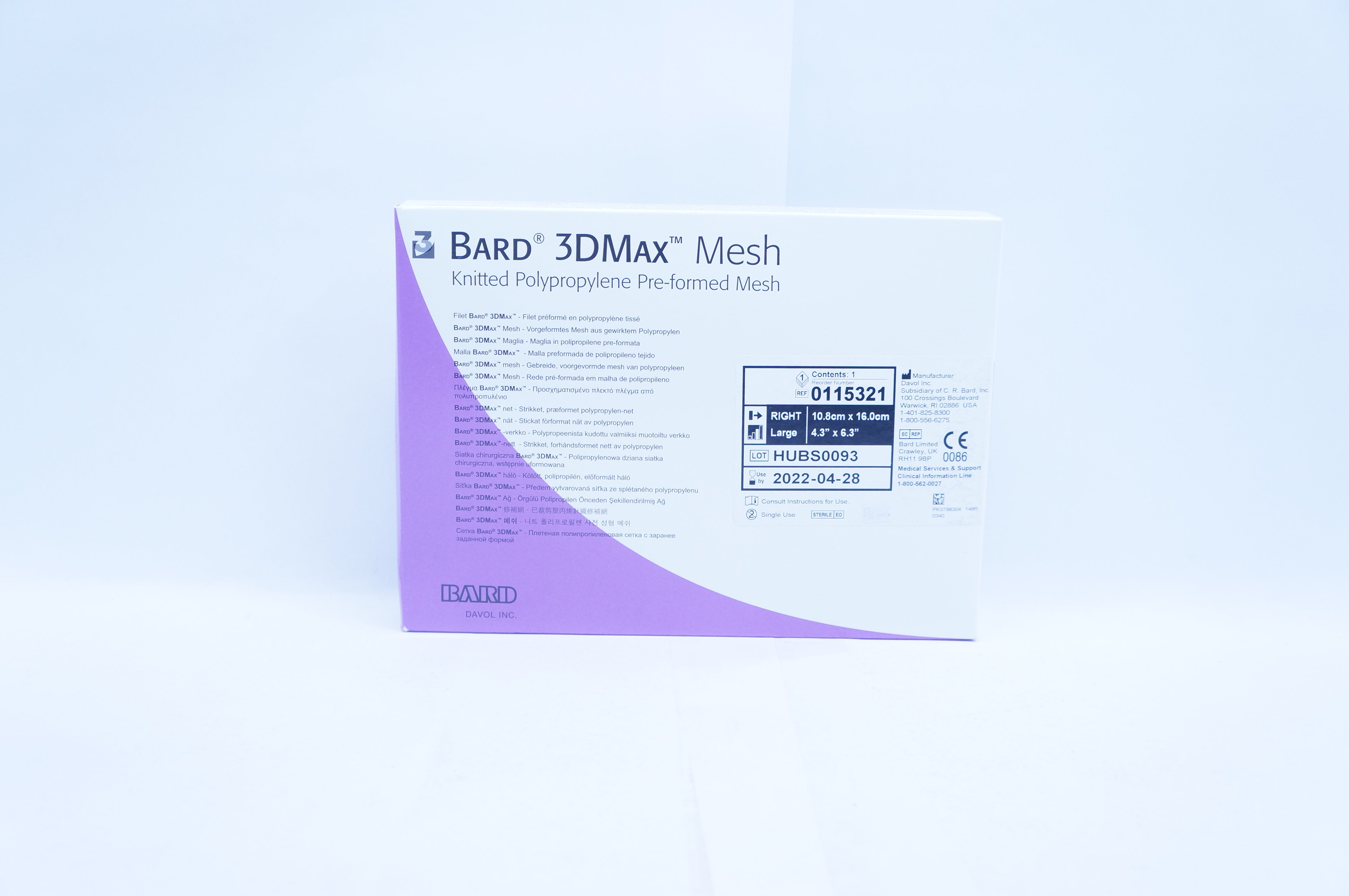 Bard 0115321 Davol 3DMax Mesh Large,Right 4.3inch x 6.3 inch