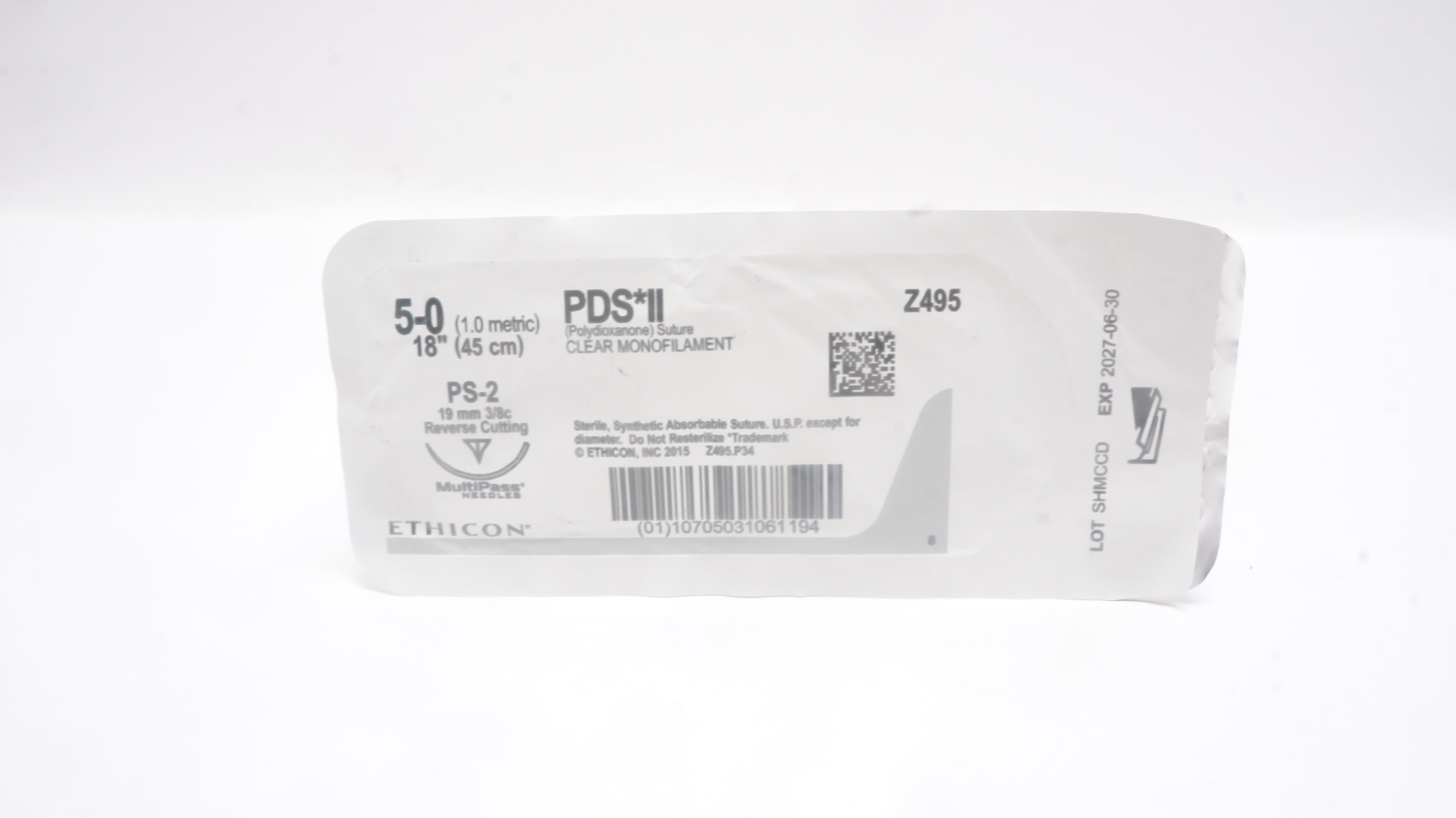 Ethicon Z495 5-0 PDS II Polydioxanone Stre PS-2 19mm 3/8c Reverse Cutting 18inch