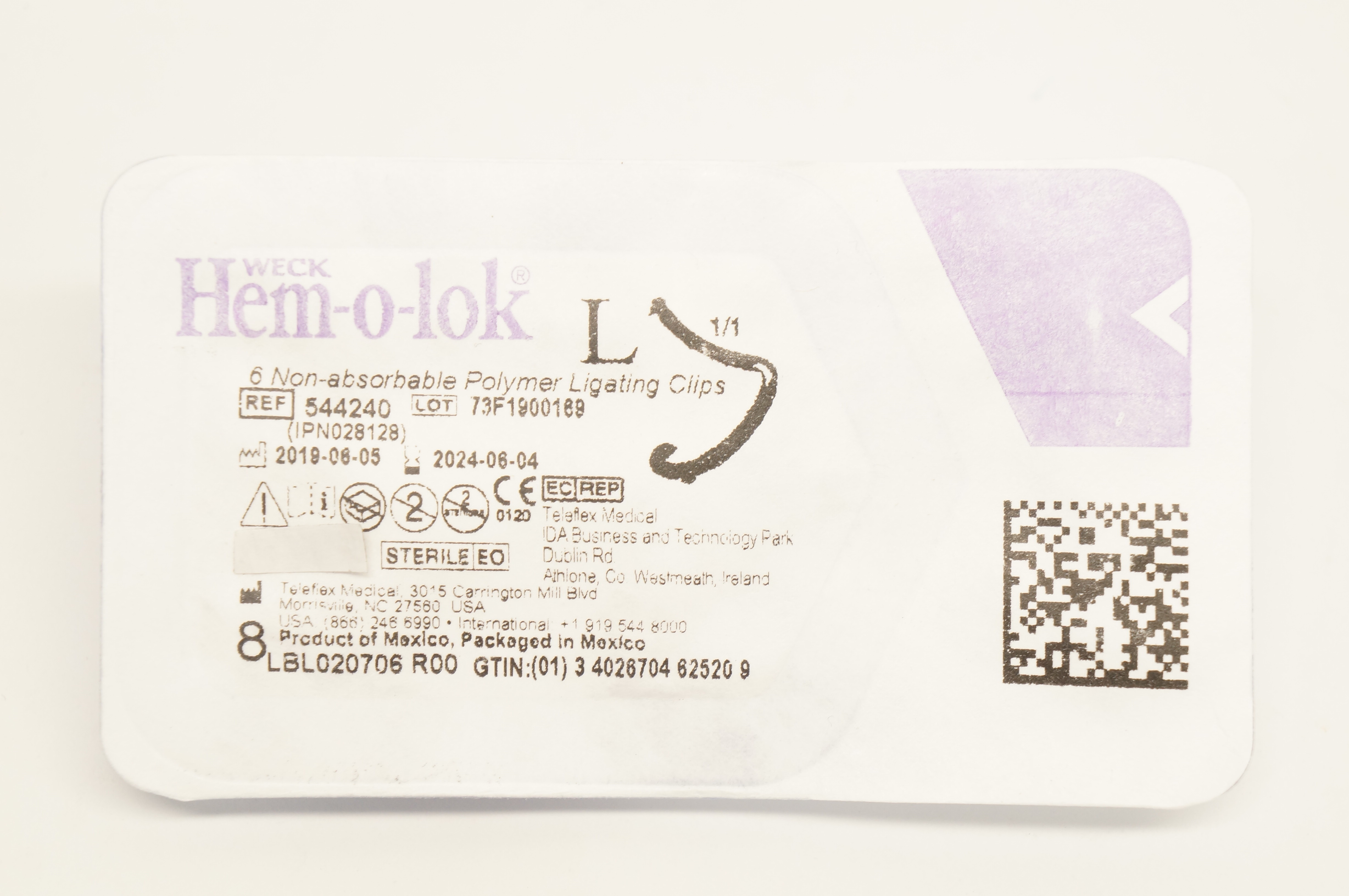 Teleflex 544240 Weck Hem-o-lok 6 Non-Absorbable Polymer Ligating Clips, Large