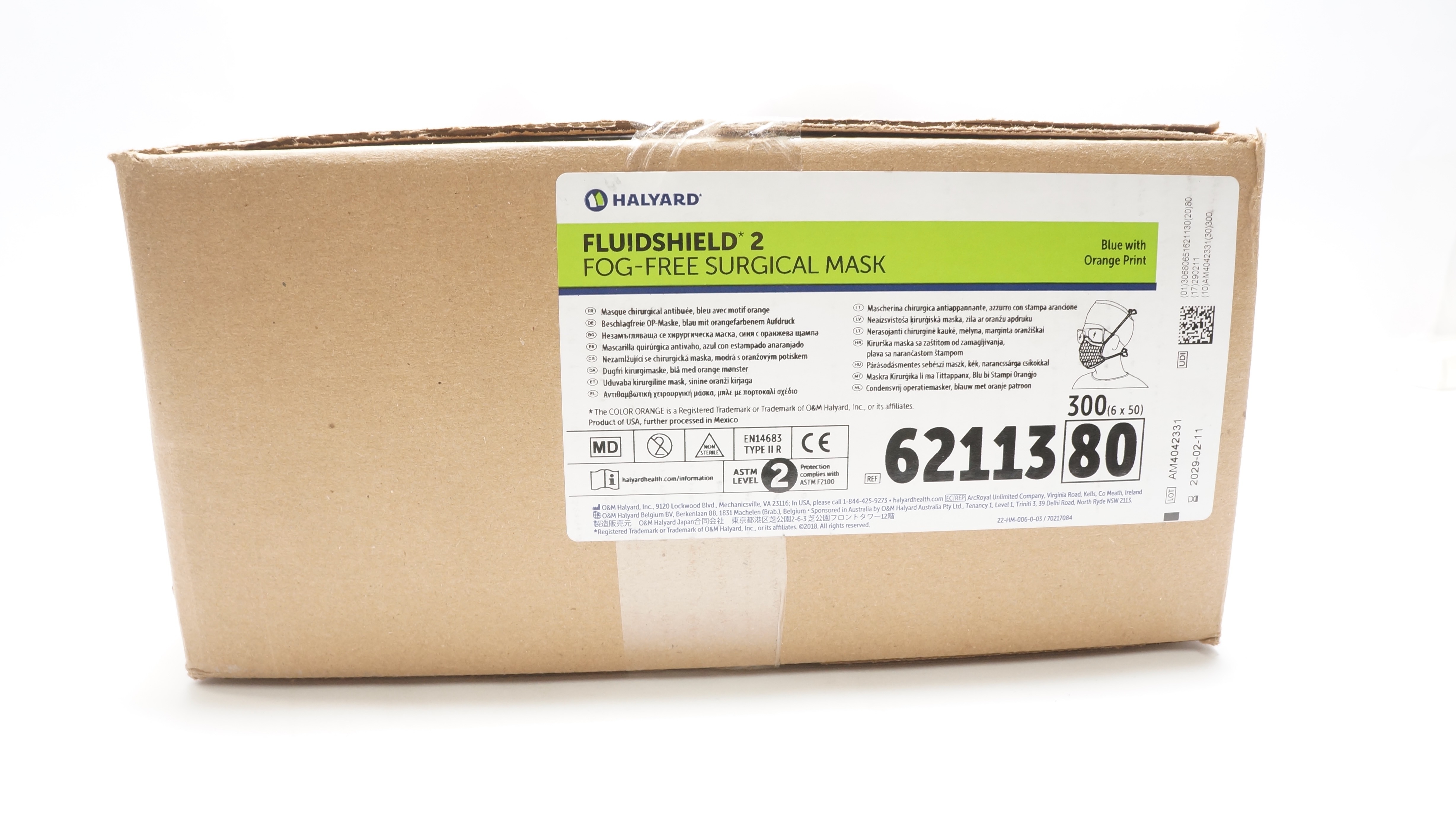 Halyard 6211380 Fluidshield 2 Fog-Free Surgical Mask Blue - Box of 300