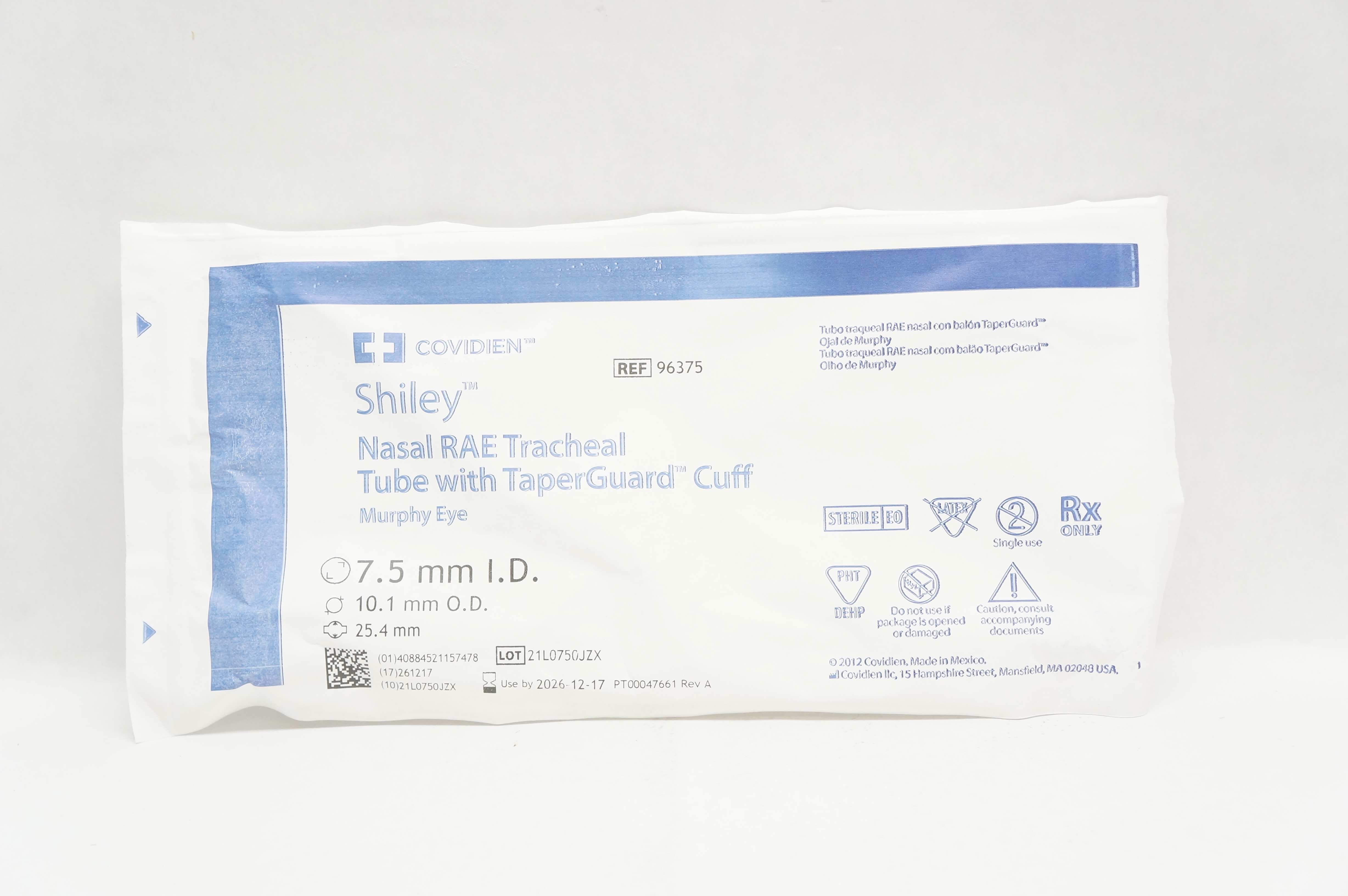 Covidien 96375 Shiley Nasal RAE Tracheal Tube with TaperGuard Cuff 7.5mm I.D.