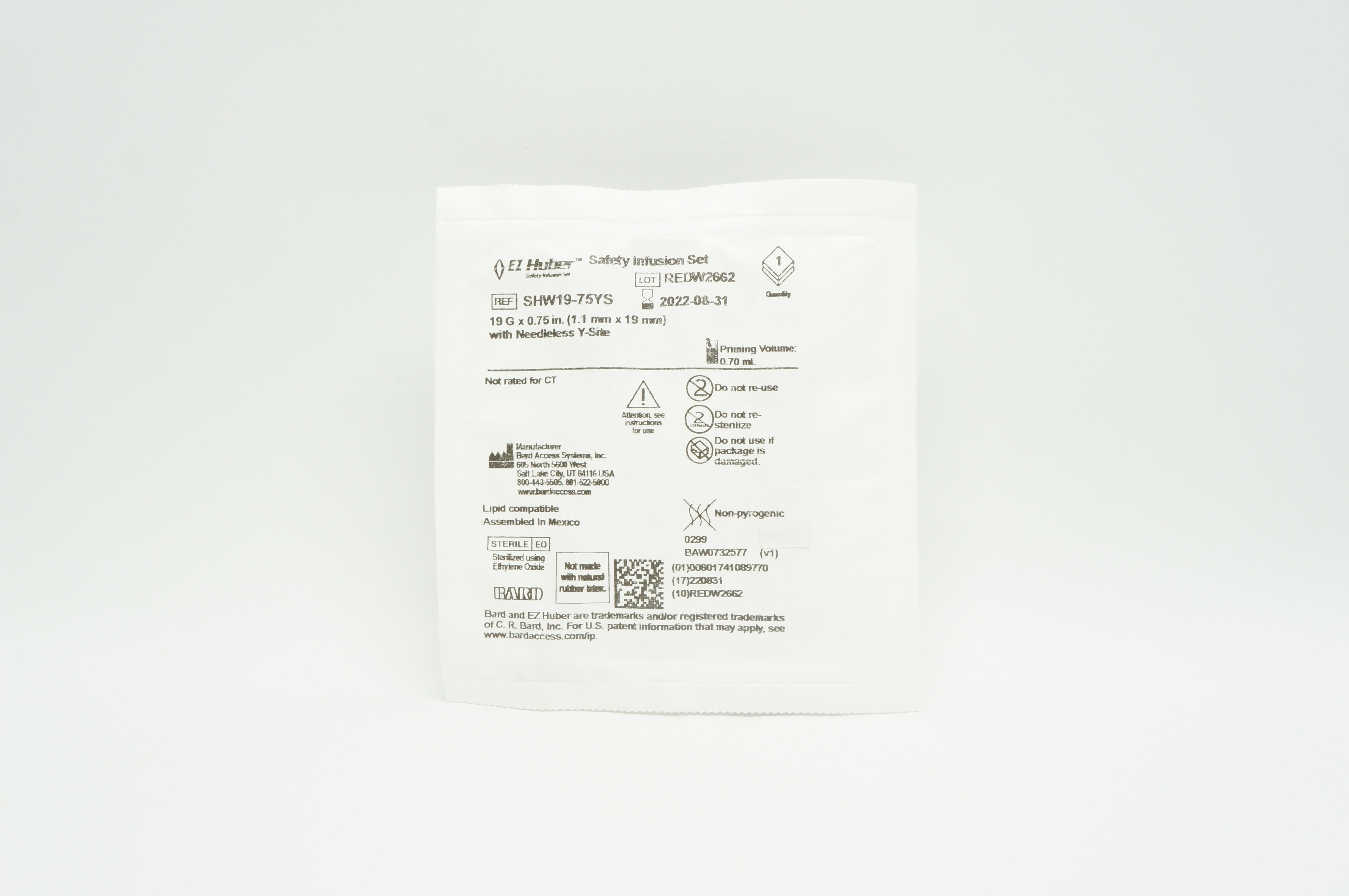 Bard SHW19-75YS EZ Huber Safety Infusion Set 19G x 0.75inch