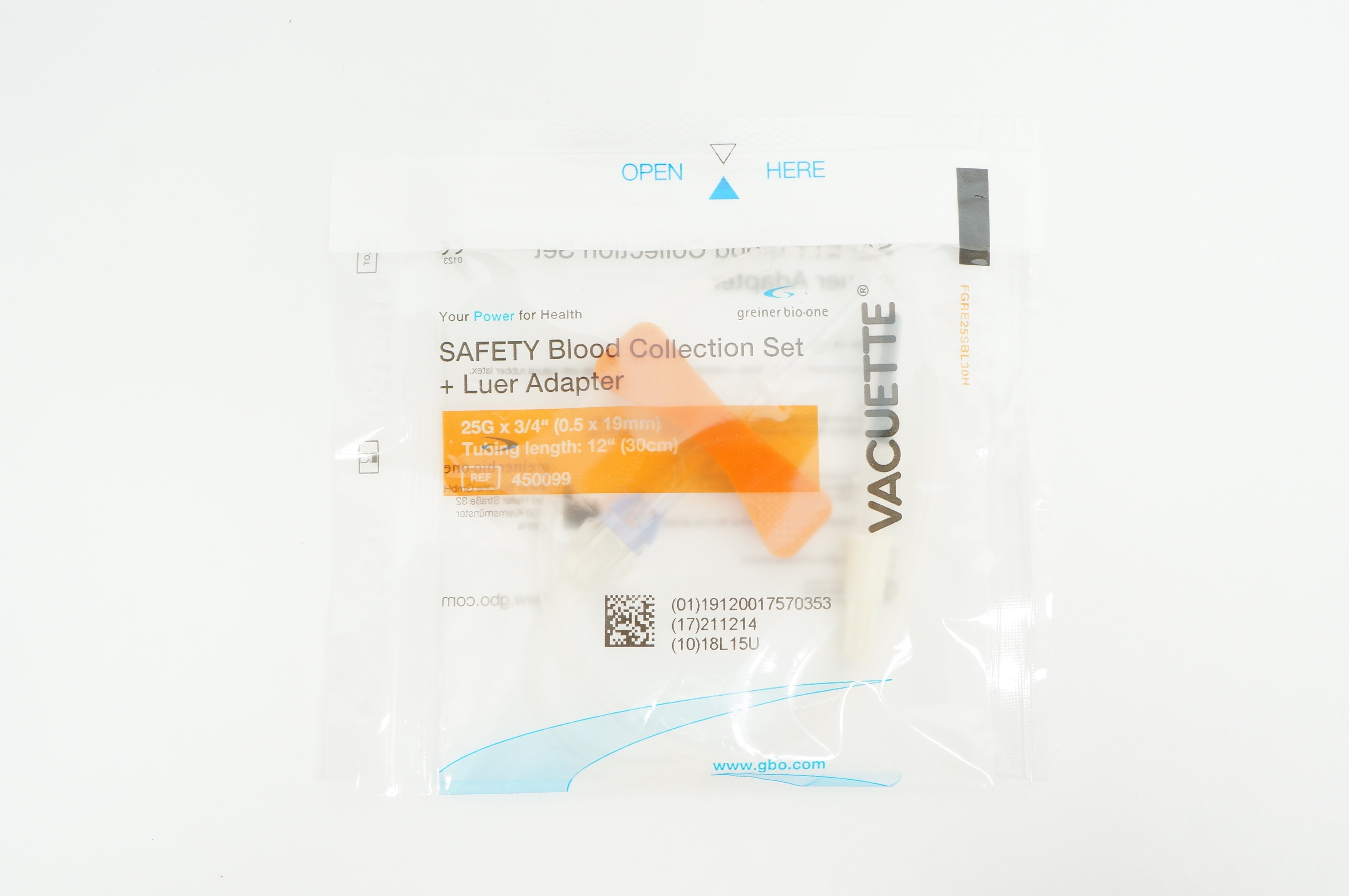 Vacuette 450099 Safety Blood Collection Set 25G x 3/4inch x 12inch