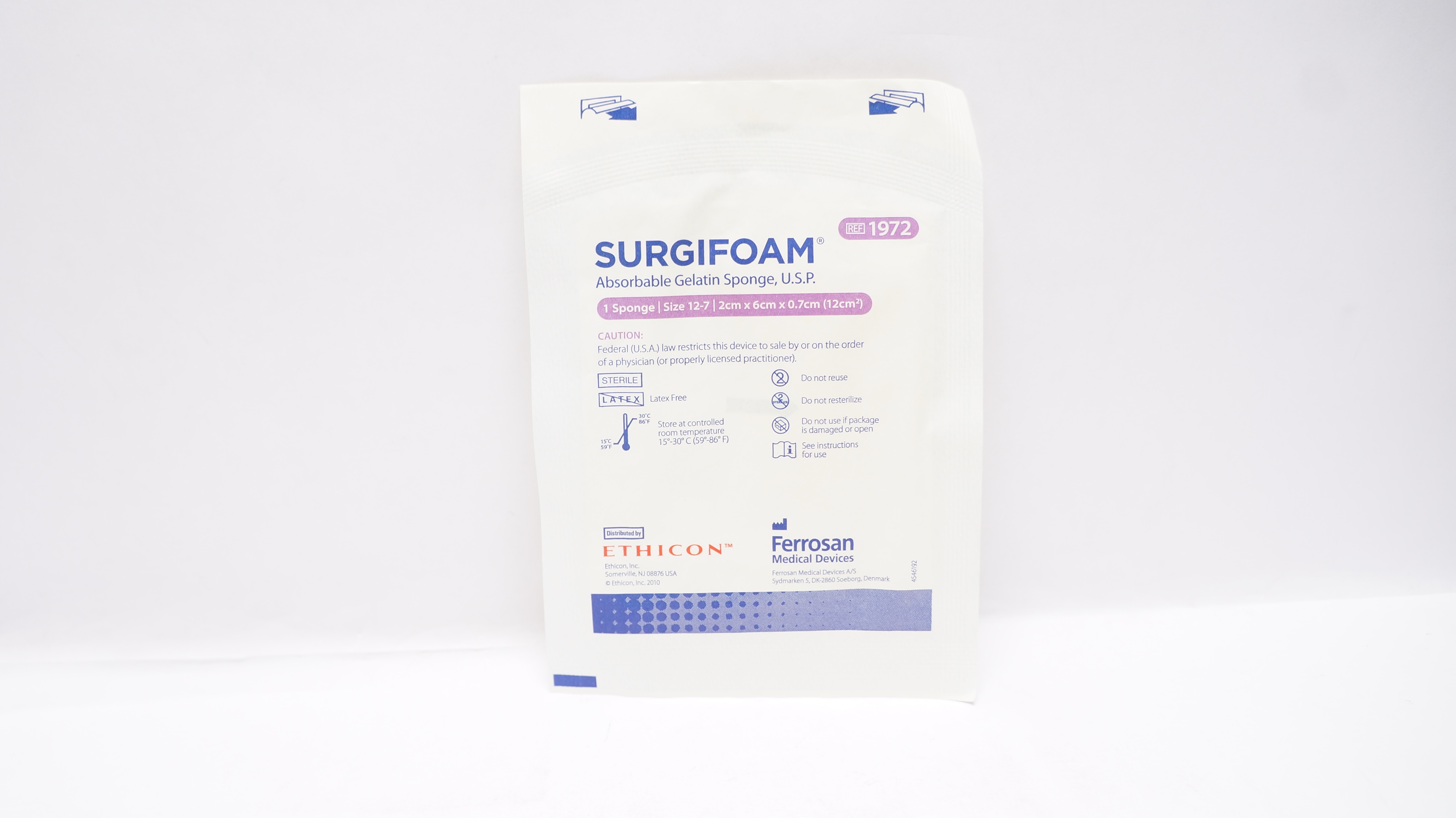 Ethicon 1972 SURGIFOAM Absorbable Gelatin Sponge USP Size 12-7, 2 x 6 x 0.7cm(x)