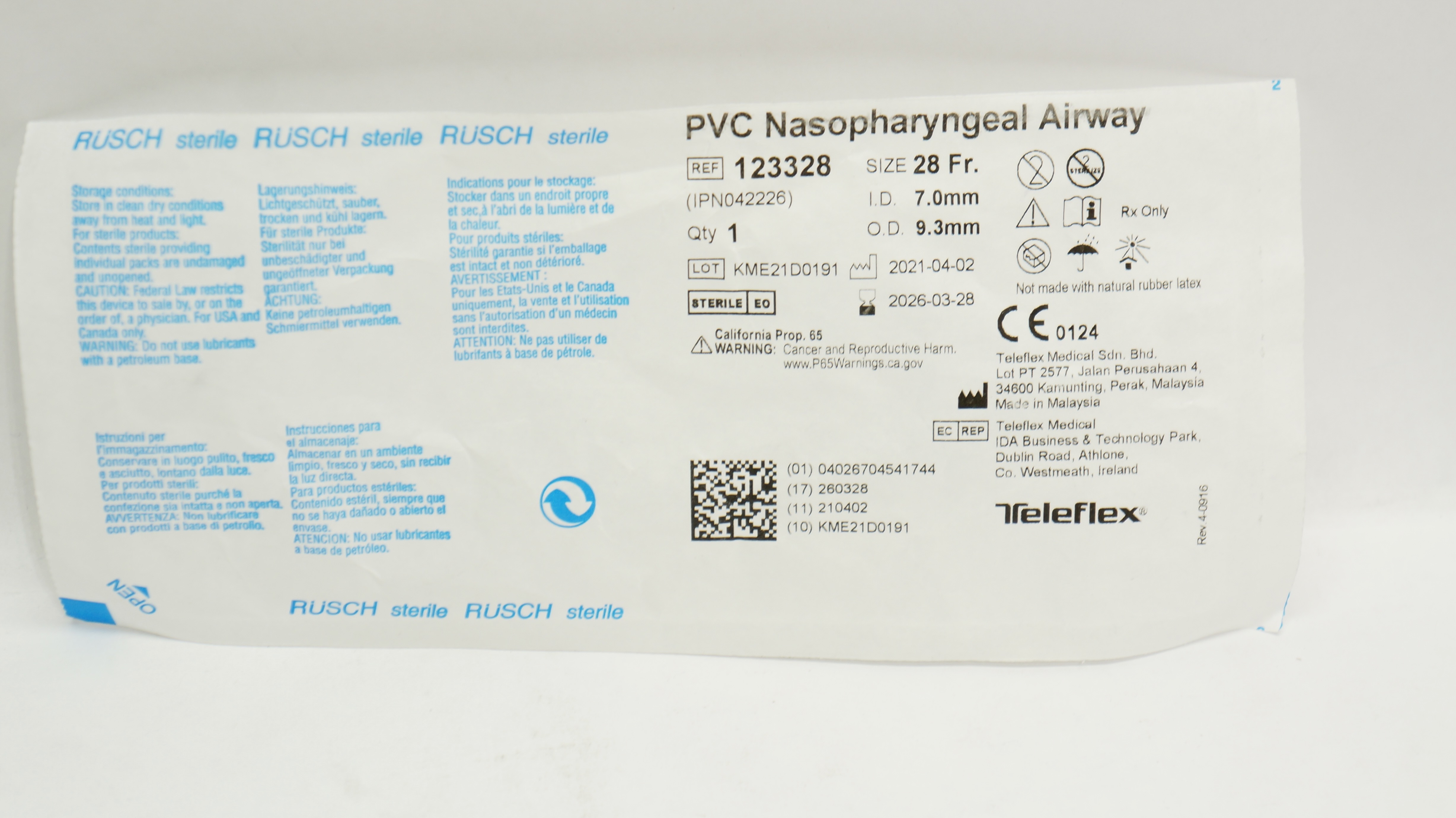 Teleflex 123328 Rusch PVC Nasopharyngeal Airway 28 Fr. x 7.0mm