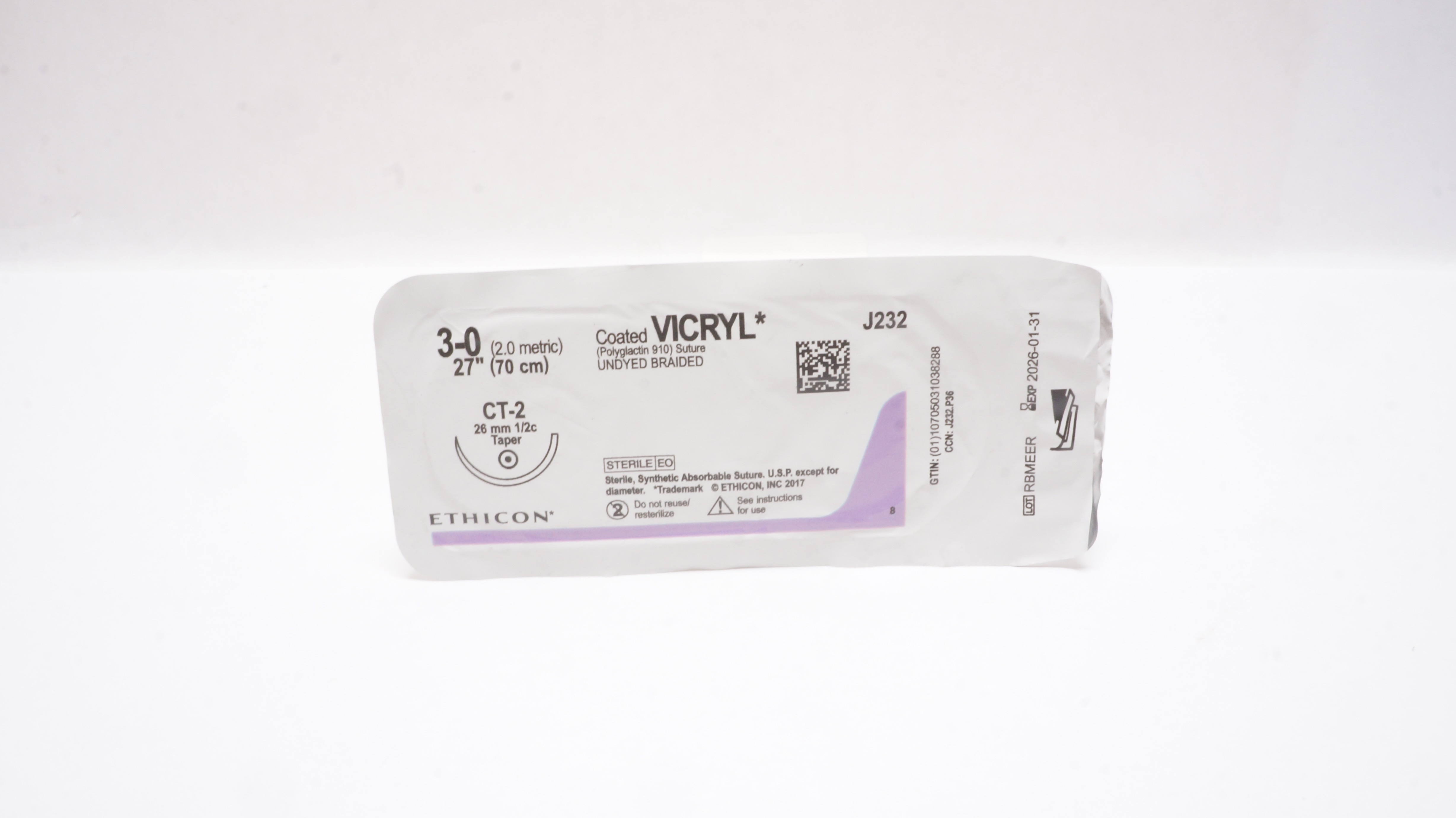 Ethicon J232 3-0 VICRYL, CT-2, 26mm 1/2c Taper, 27inch