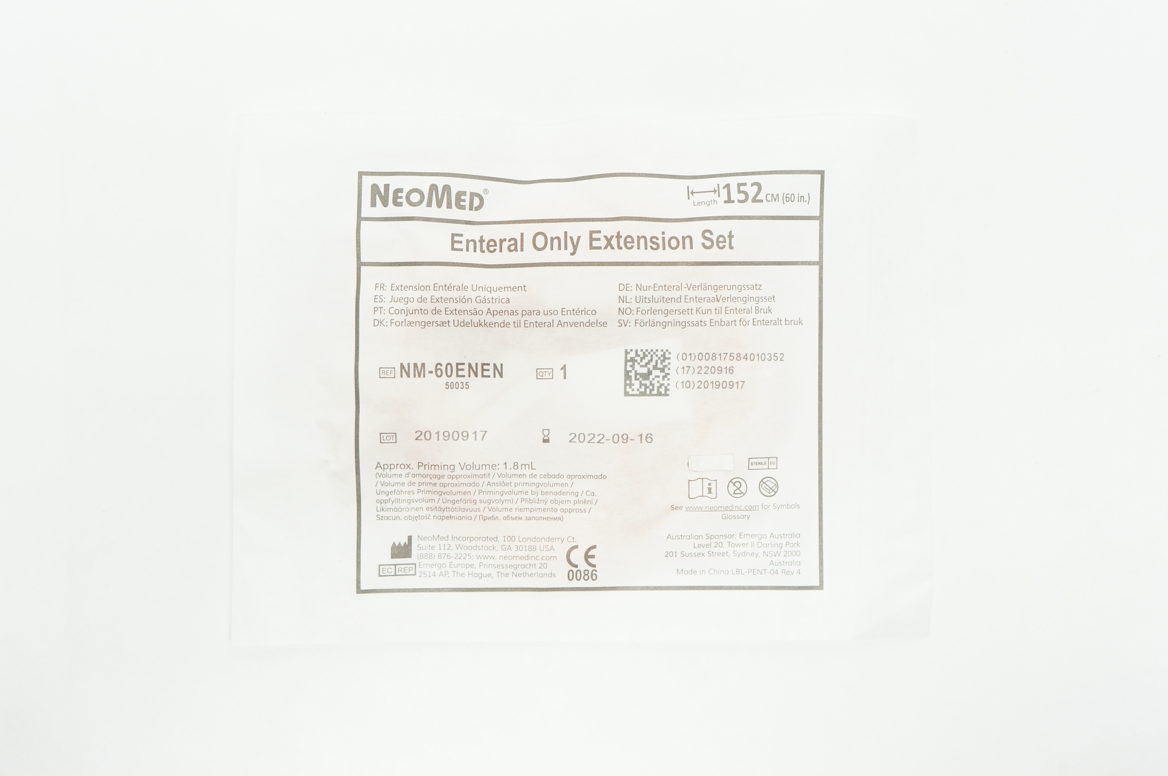 NeoMed NM60ENEN Enteral Only Extension Set 60inch, Approx. Volume 1.8mL