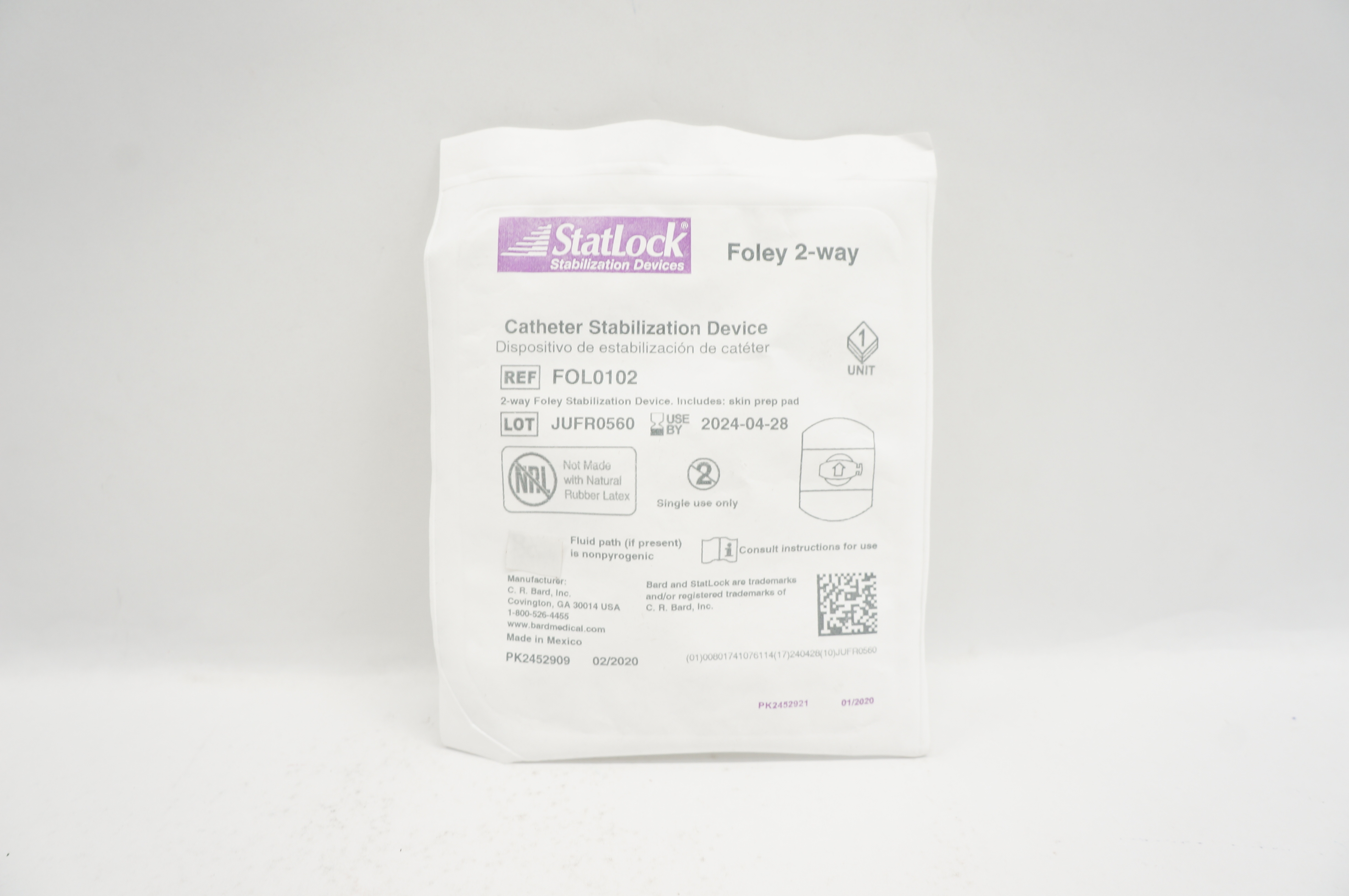 Bard FOL0102 Statlock Cath. Stabilization Device, Foley 2-Way