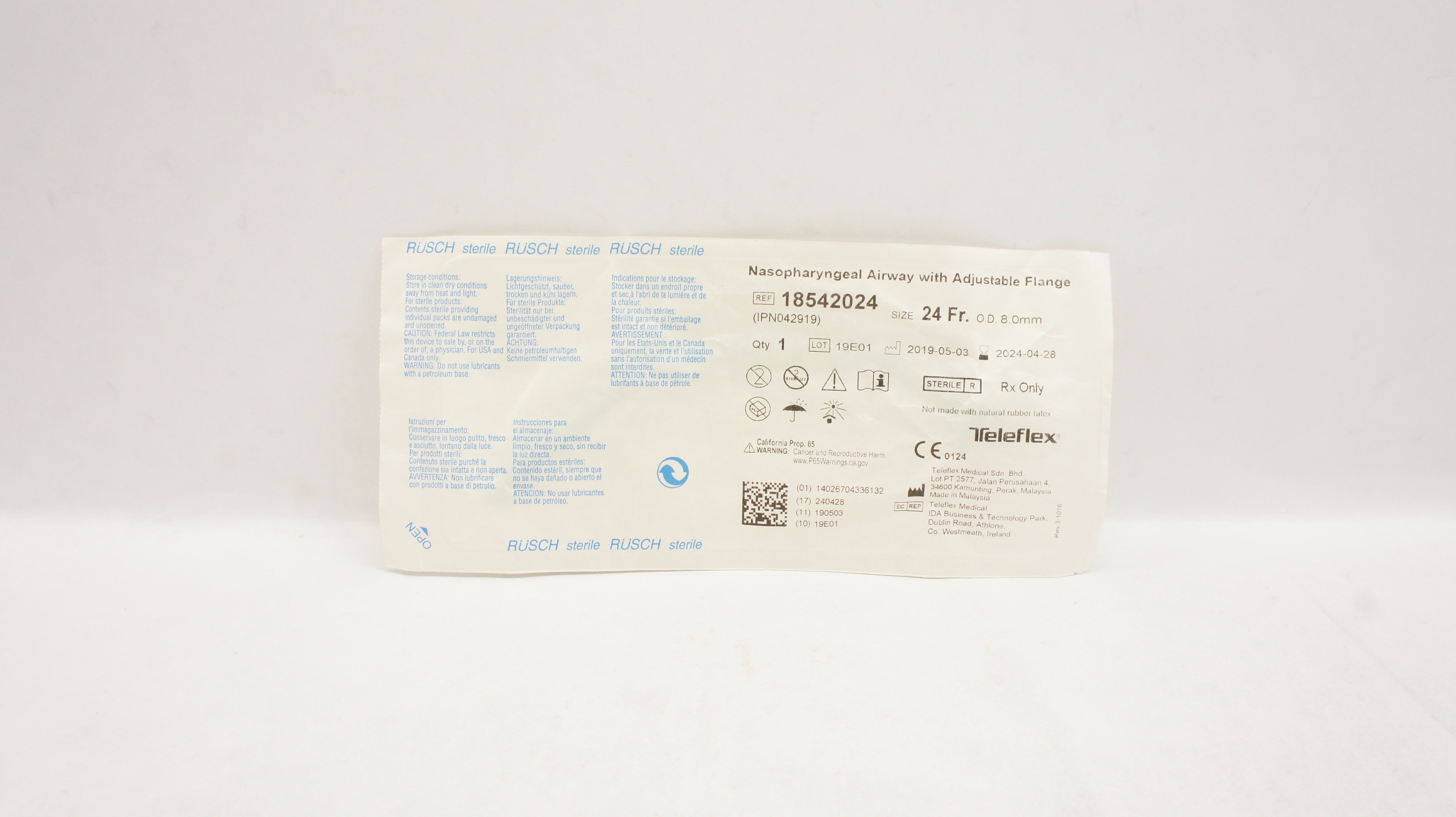 Teleflex 18542024 Rusch Nasopharyngeal Airway w/Adjustable Flange 24Fr x 8.0mmOD