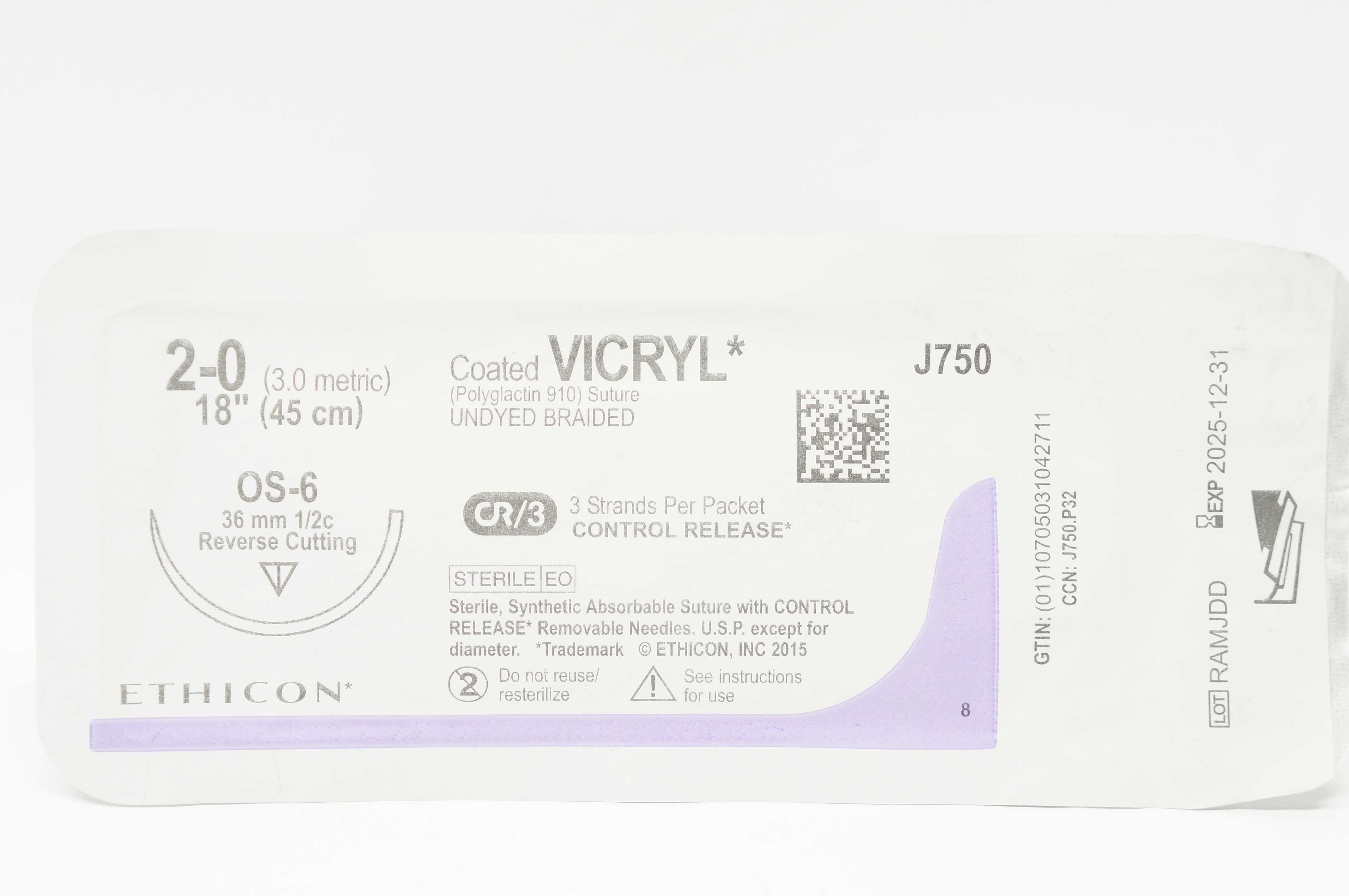 Ethicon J750 2-0 VICRYL, OS-6, 36mm 1/2c Reverse Cutting, 18inch