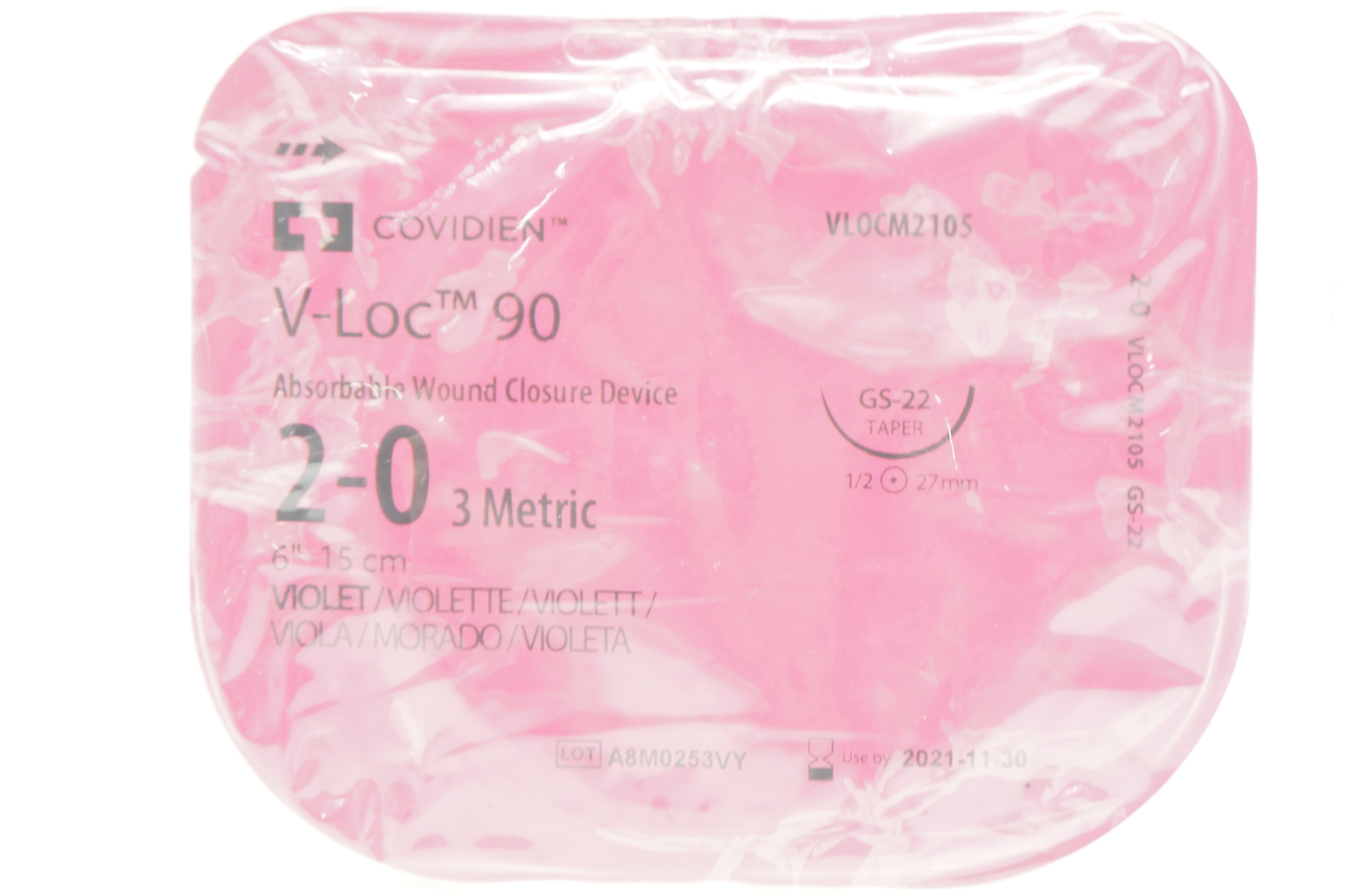 Covidien VLOCM2105, 2-0 V-Loc 90 Violet, GS-22, 1/2c 27mm Taper, 6inch
