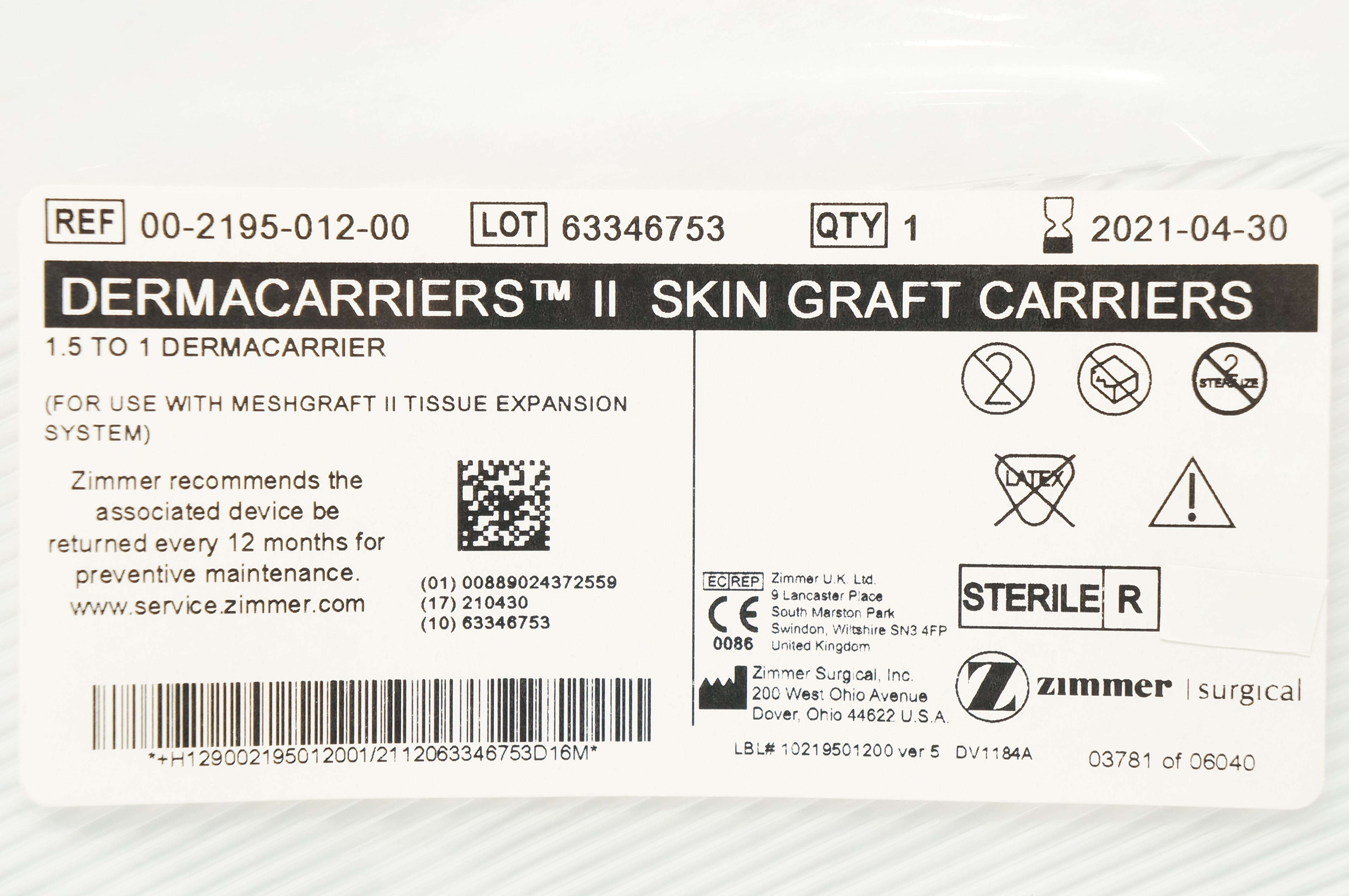 Zimmer 00-2195-012-00 Dermacarriers II Skin Graft Carriers (x)
