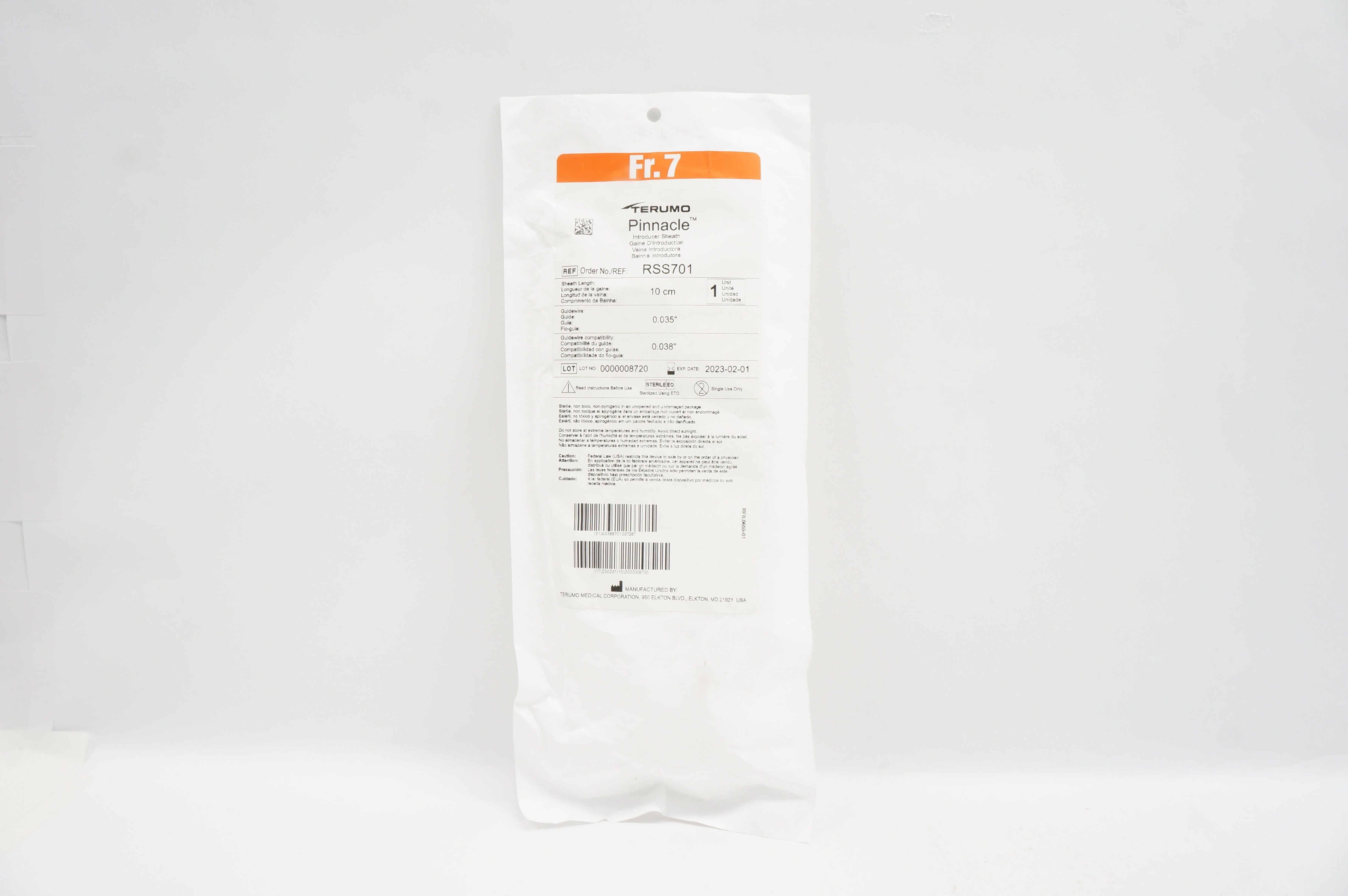 Terumo RSS701 Pinnacle Introducer Sheath 7Fr x 10cm x 0.035inch x 0.038inch