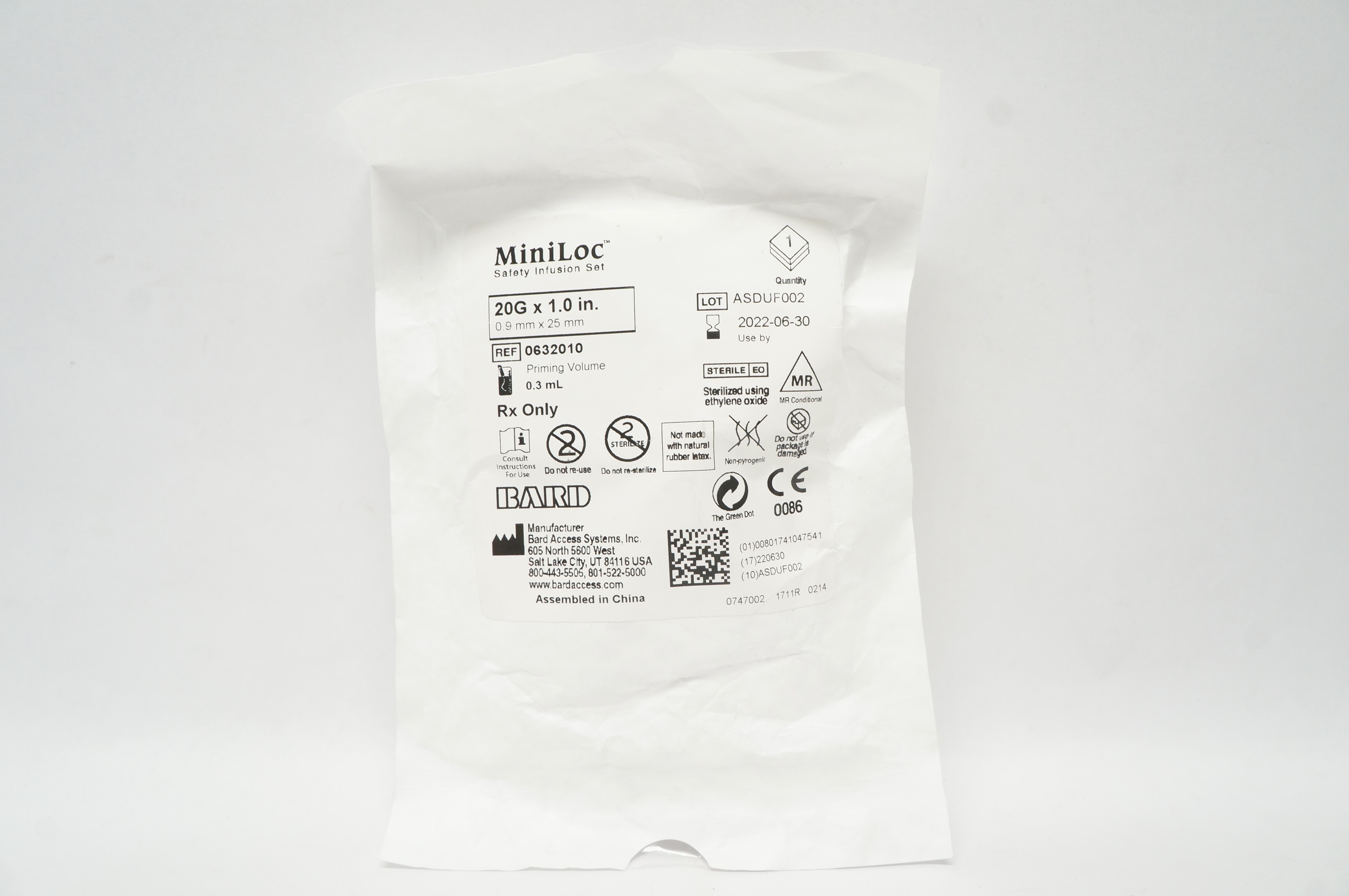 Bard 0632010 MiniLoc Safety Infusion Set 20G x 1.0inch, Priming Volume 0.3mL (x)