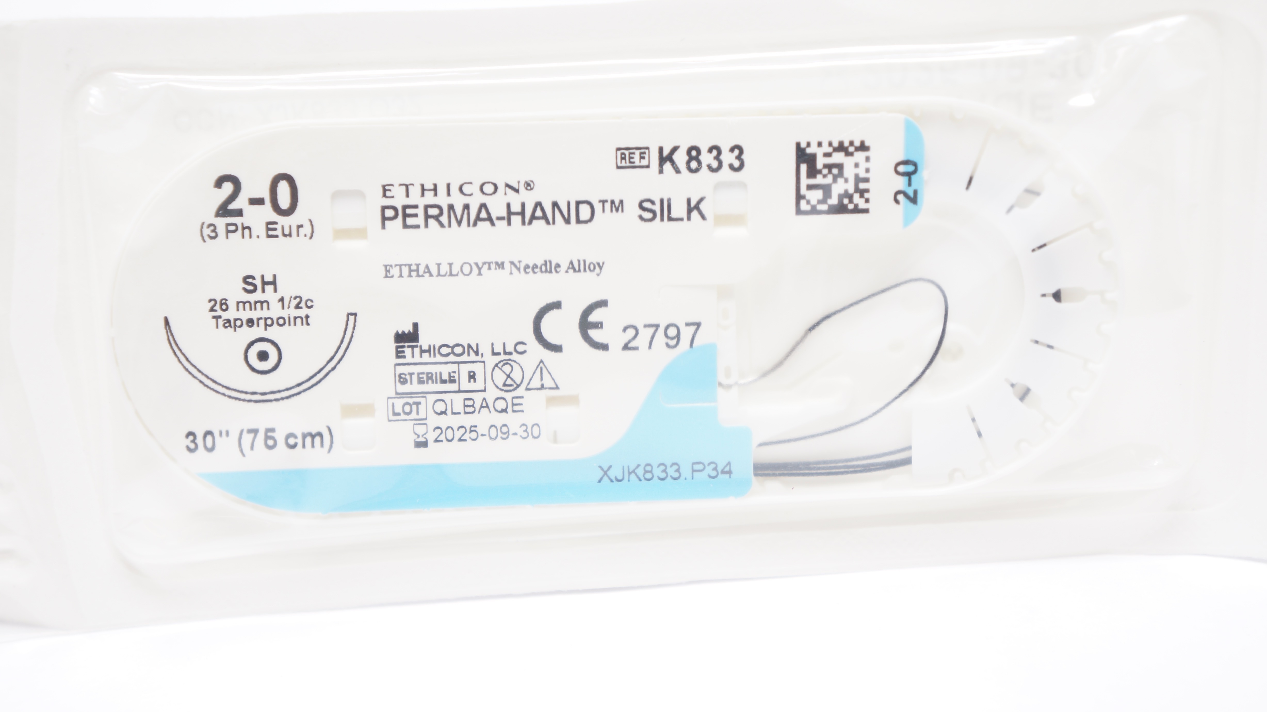 Ethicon K833 2-0 PERMA-HAND SILK Stre SH 26mm 1/2c Taperpoint, 30inch