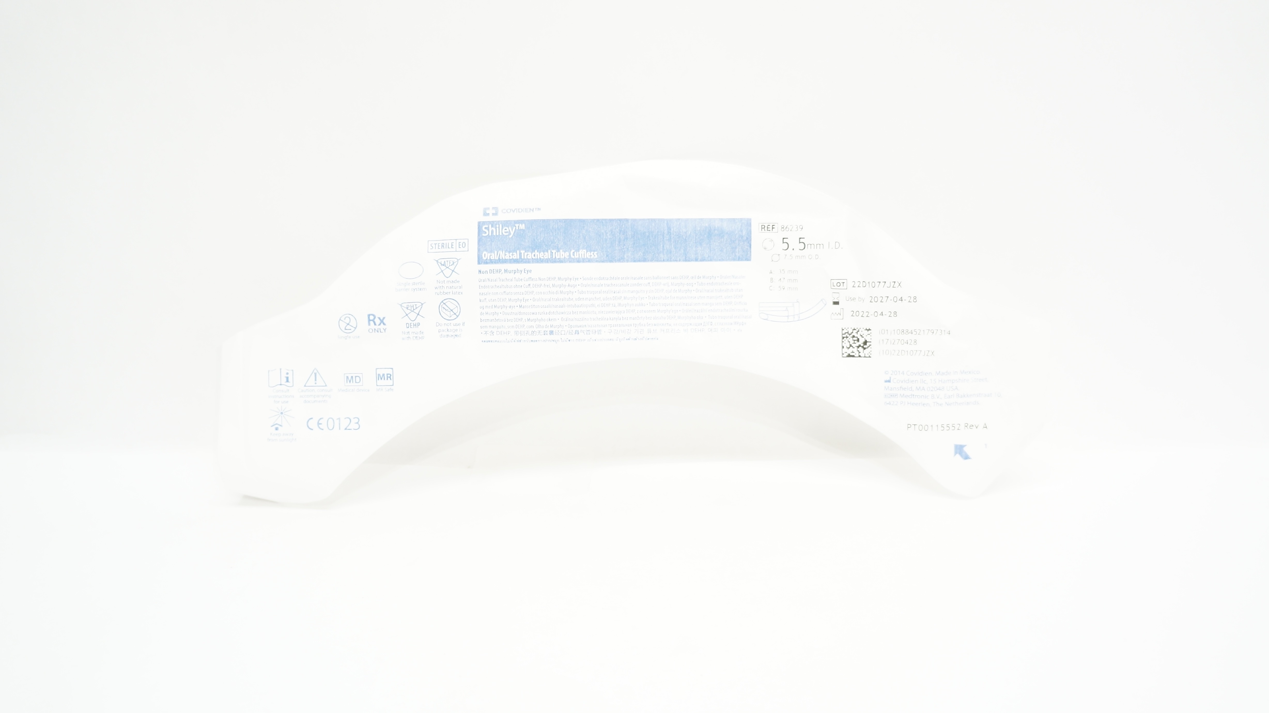 Covidien 86239 Shiley Oral/Nasal Tracheal Tube Cuffless 5.5mm ID x 7.5mm OD