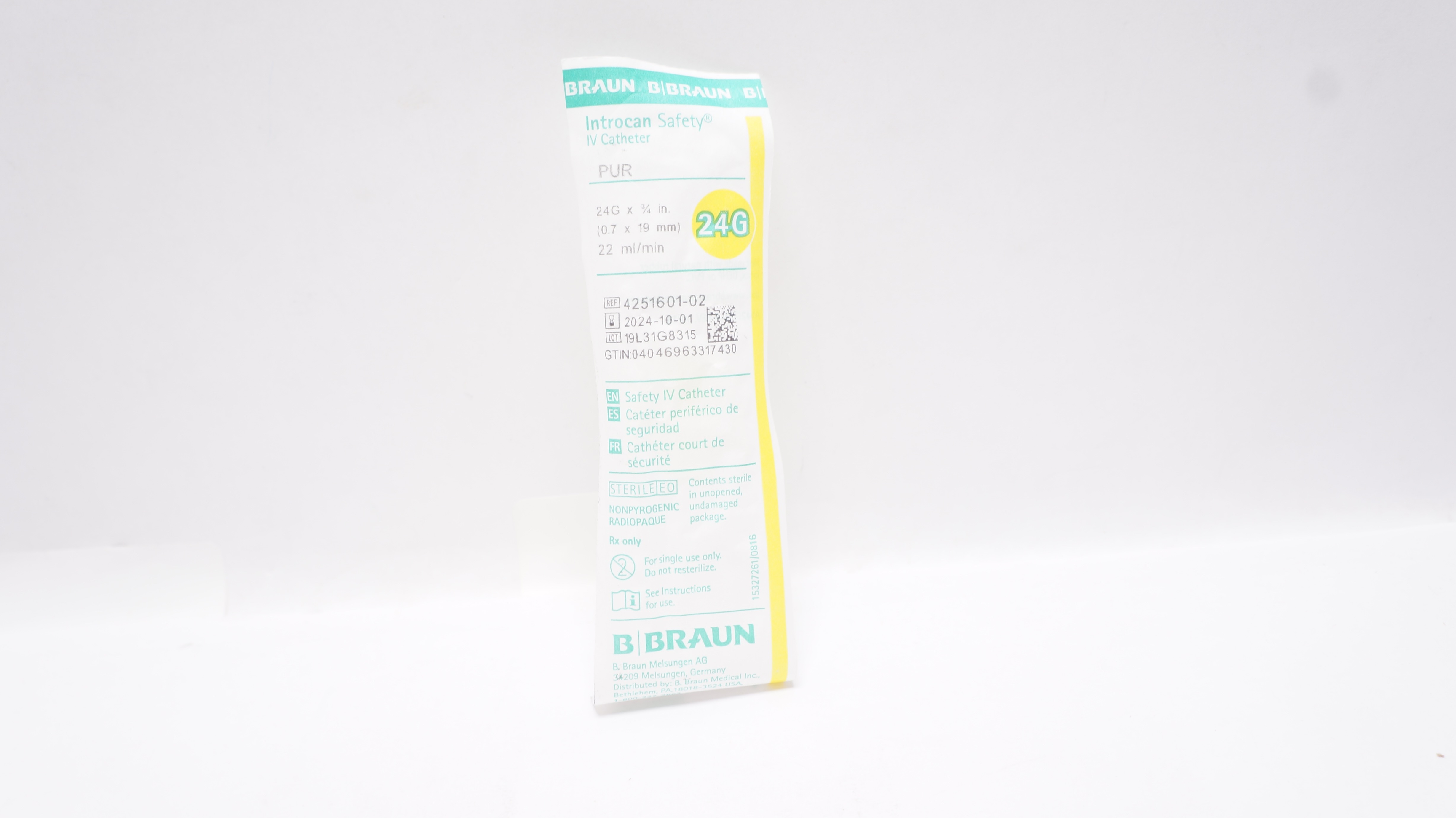 Braun 4251601-02 Introcan Safety IV Cath. PUR 24G x 3/4inch 22ml/min
