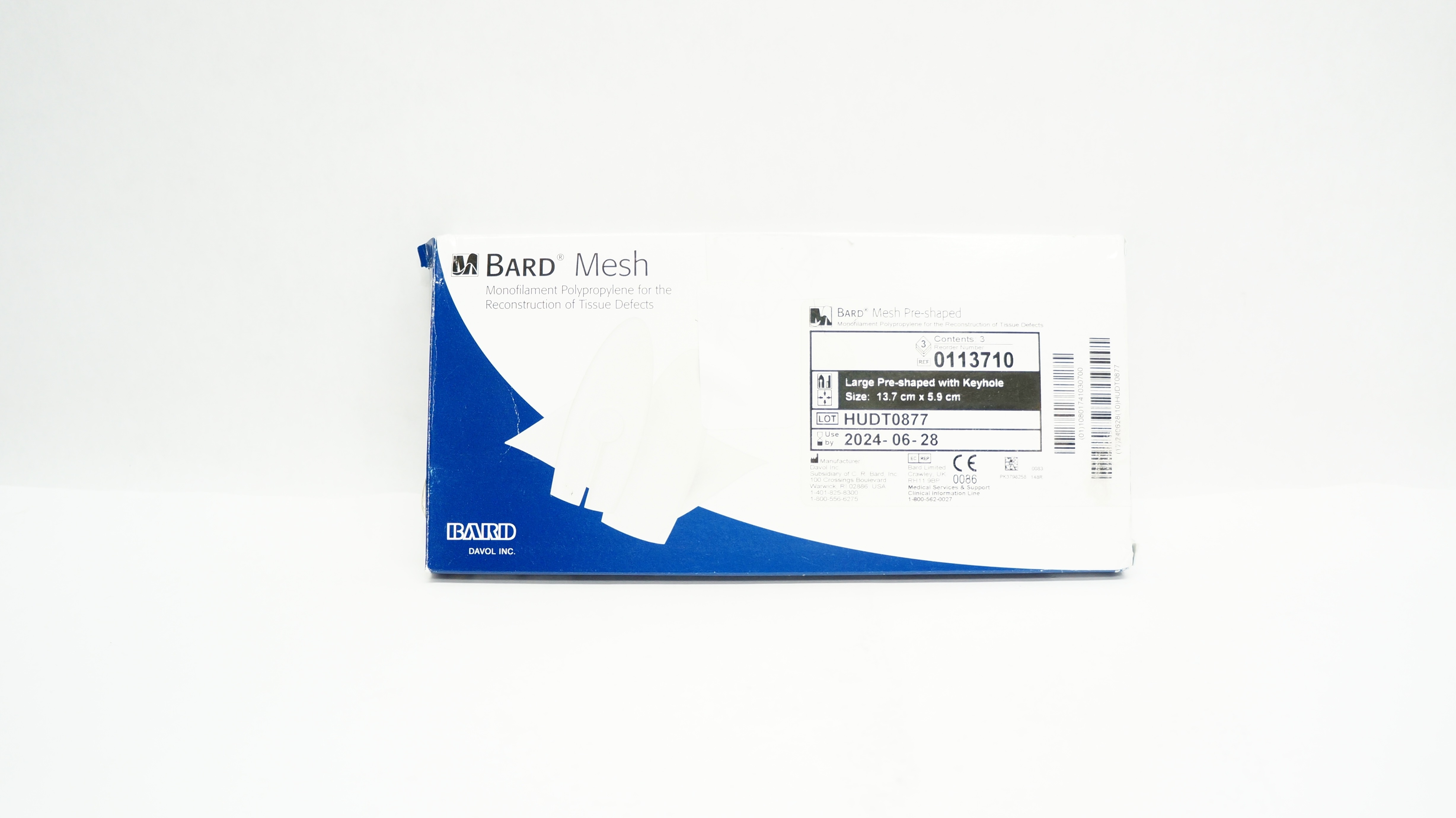 Davol 0113710 Bard Mesh Large Pre-Shaped W/ Keyhole 13.7cm x 5.9cm - Box of 3