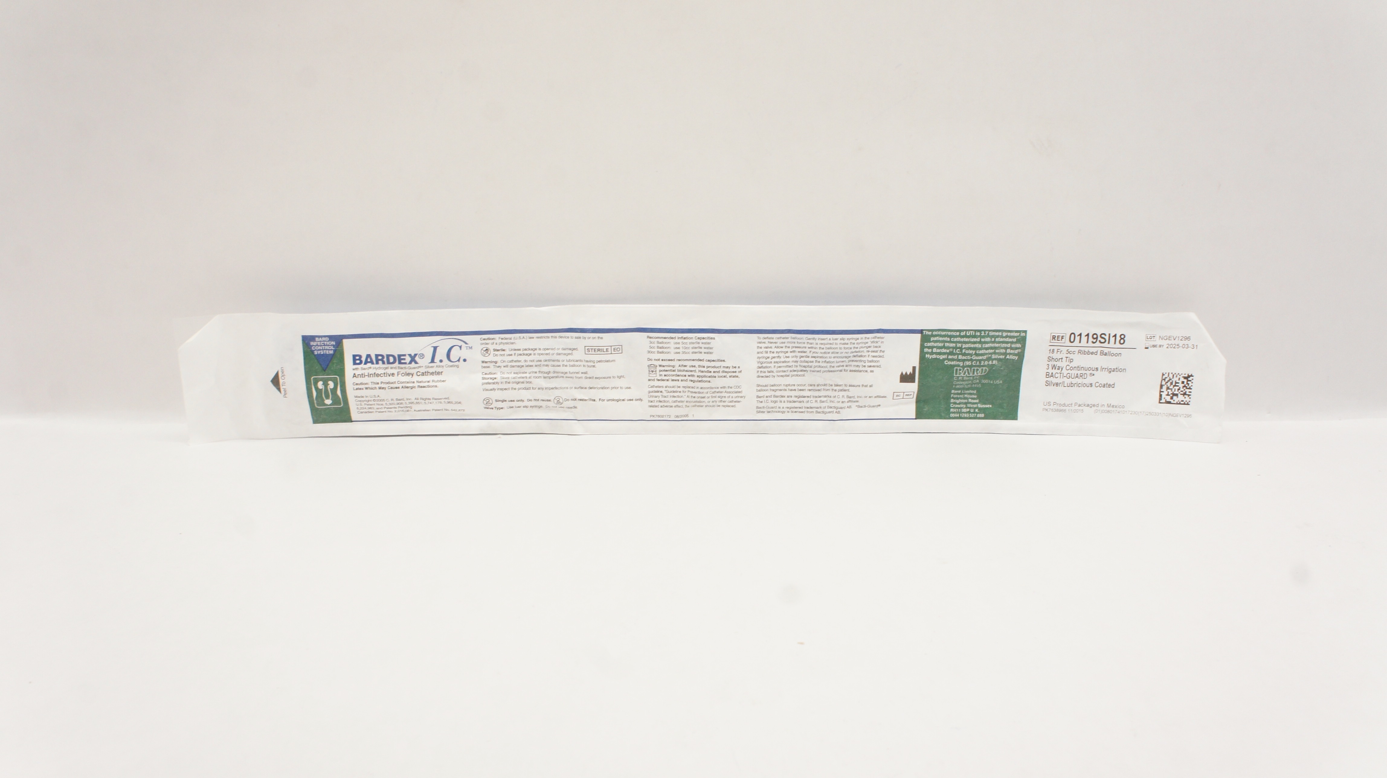 Bard 0119SI18 Bardex Anti-Infective Foley Cath.3-Way 5cc Ribbed Ballon 18Fr