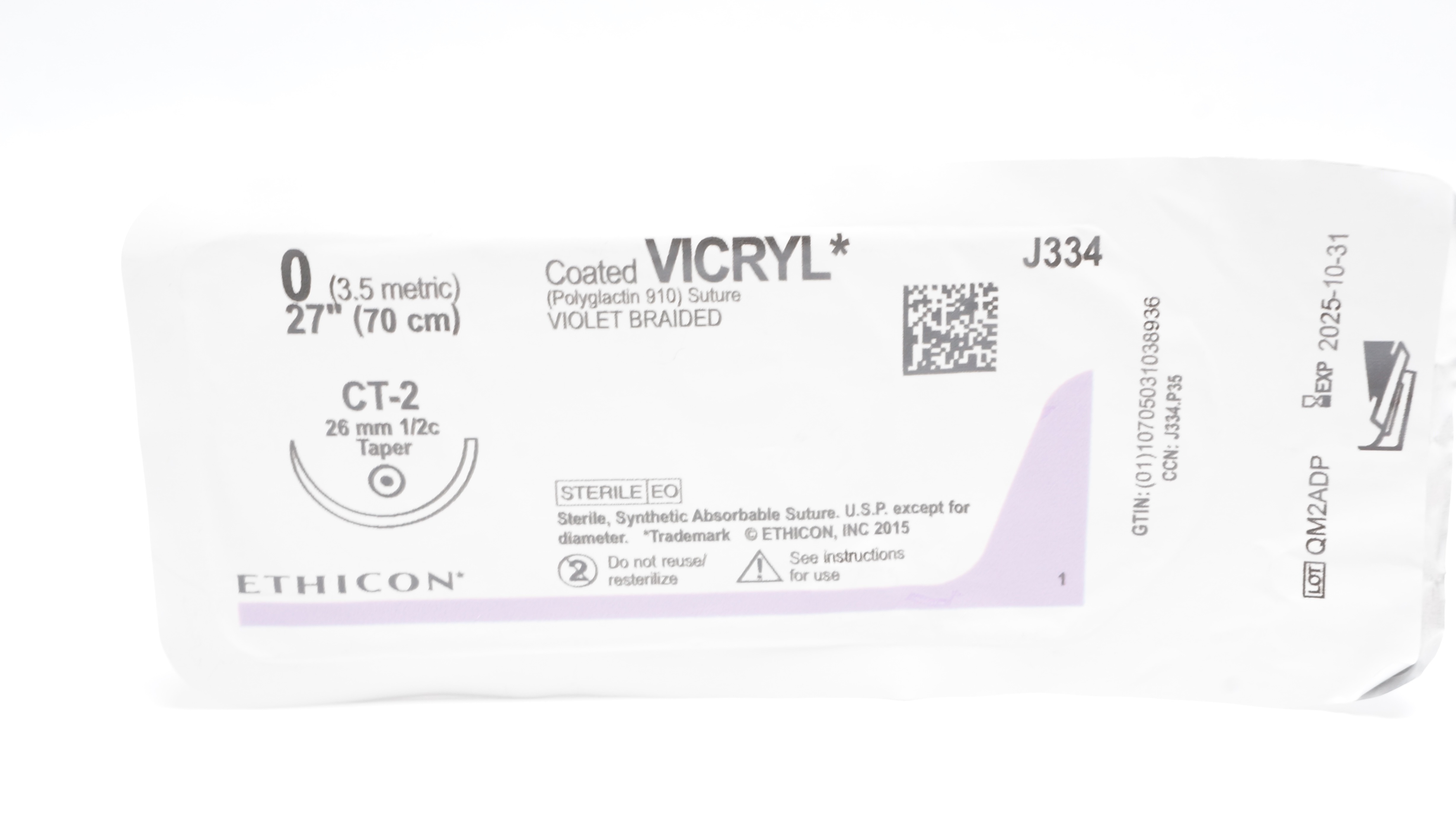 Ethicon J334 0 Coated VICRYL Polyglactin Stre CT-2, 26mm 1/2c Taper, 27inch(x)
