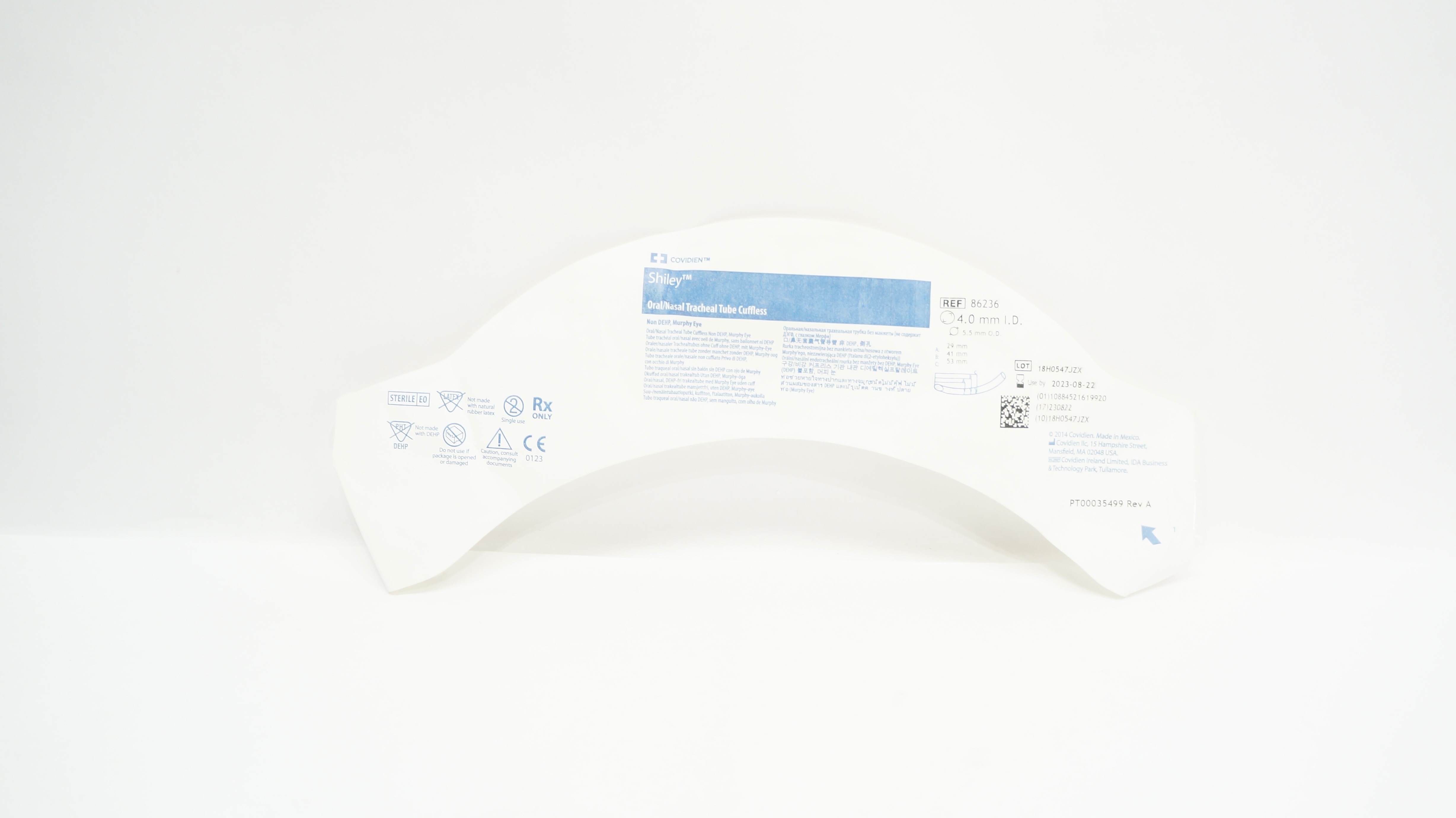Covidien 86236 Shiley Oral/Nasal Tracheal Tube Cuffless 4.0m ID x 5.5mm OD