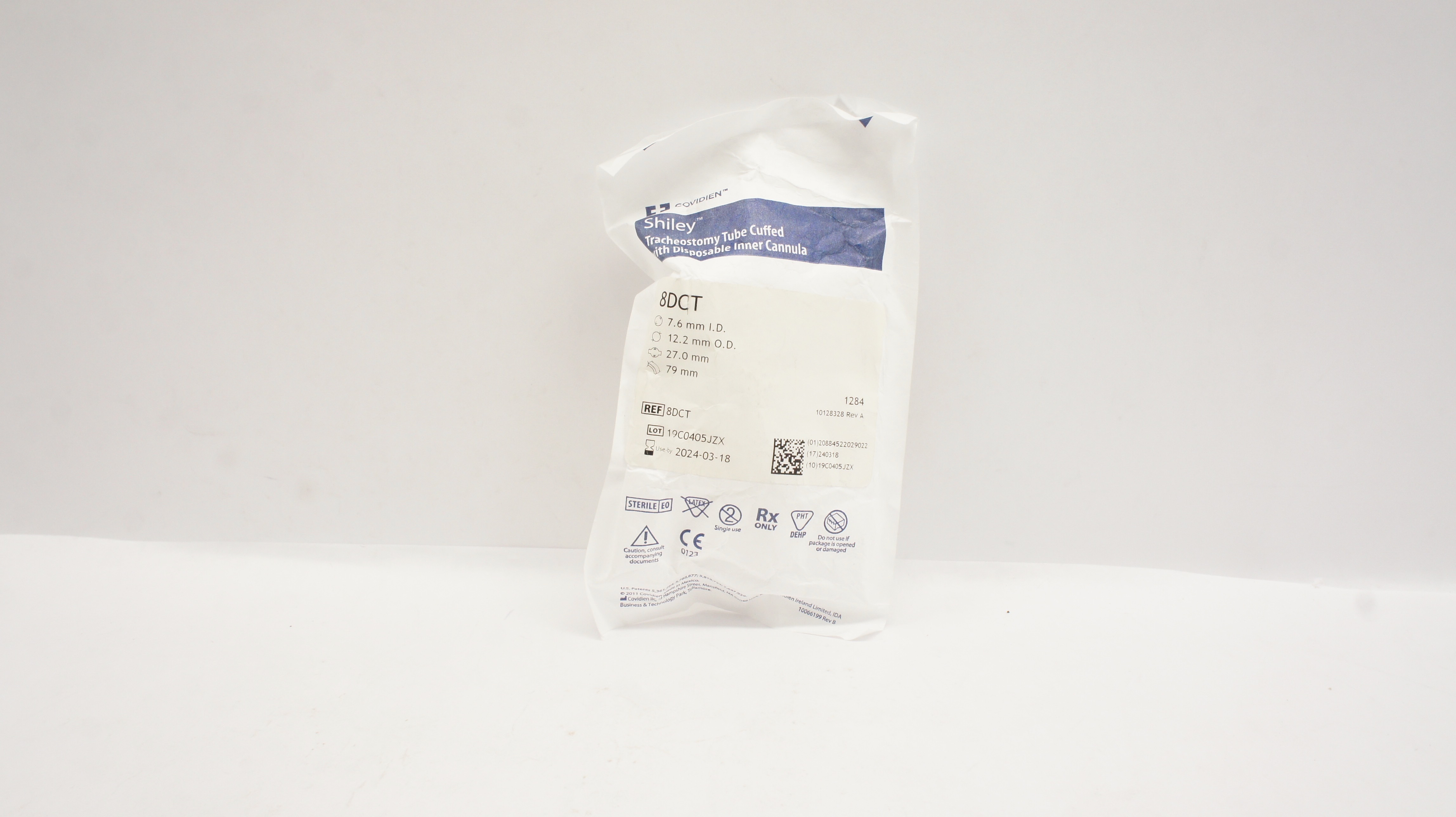 Covidien 8DCT Shiley Tracheostomy Tube Cuffed 7.6mm x 12.2mm x 27.0mm x 79mm