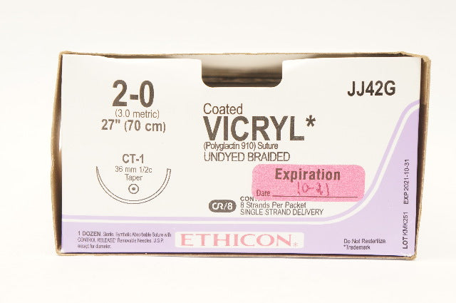 Ethicon JJ42G 2-0 Coated VICRIL CT-1 36mm 1/2c Taper, 27inch (x) - Box of 12