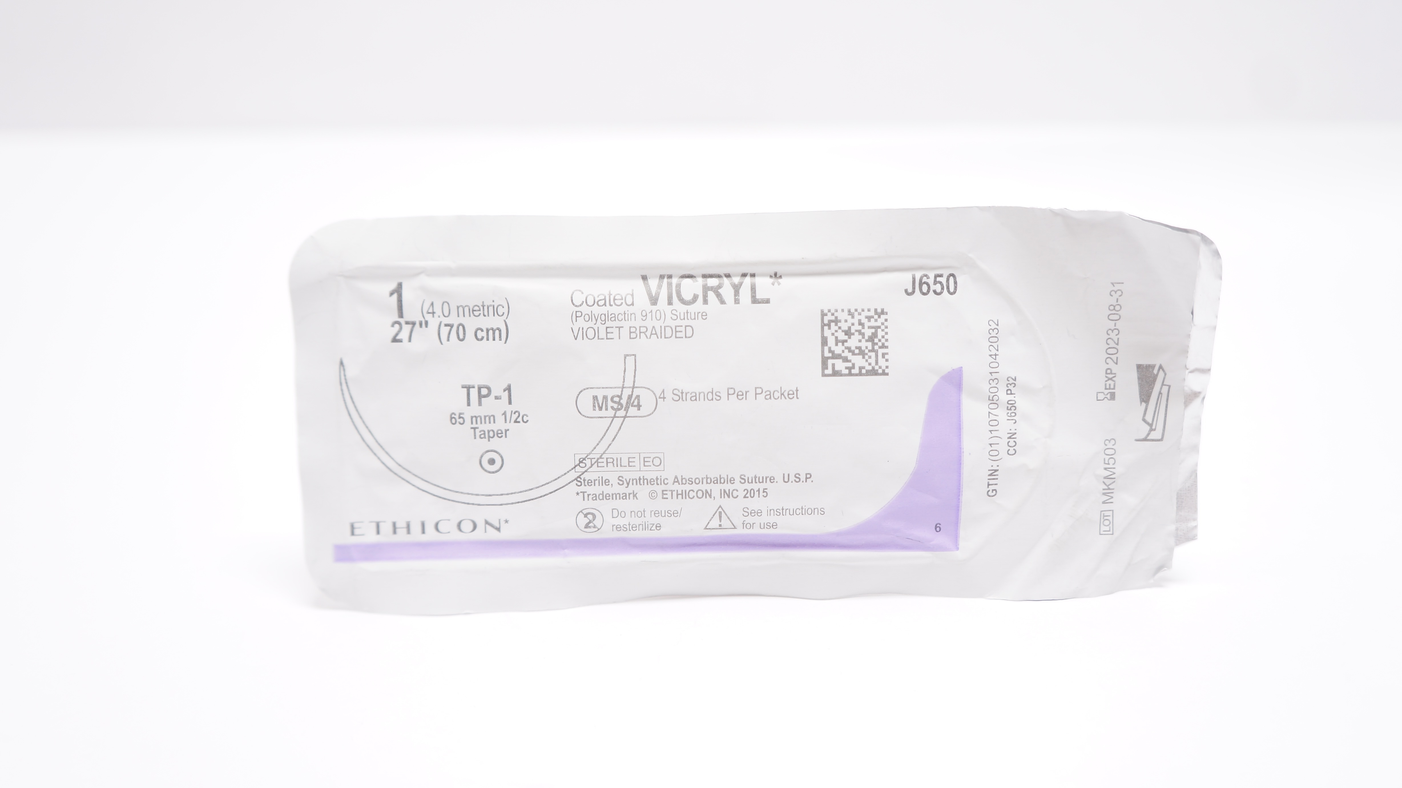 Ethicon J650 1 Coated VICRYL Polyglactin Stre TP-1 65 mm 1/2c Taper, 27inch (x)
