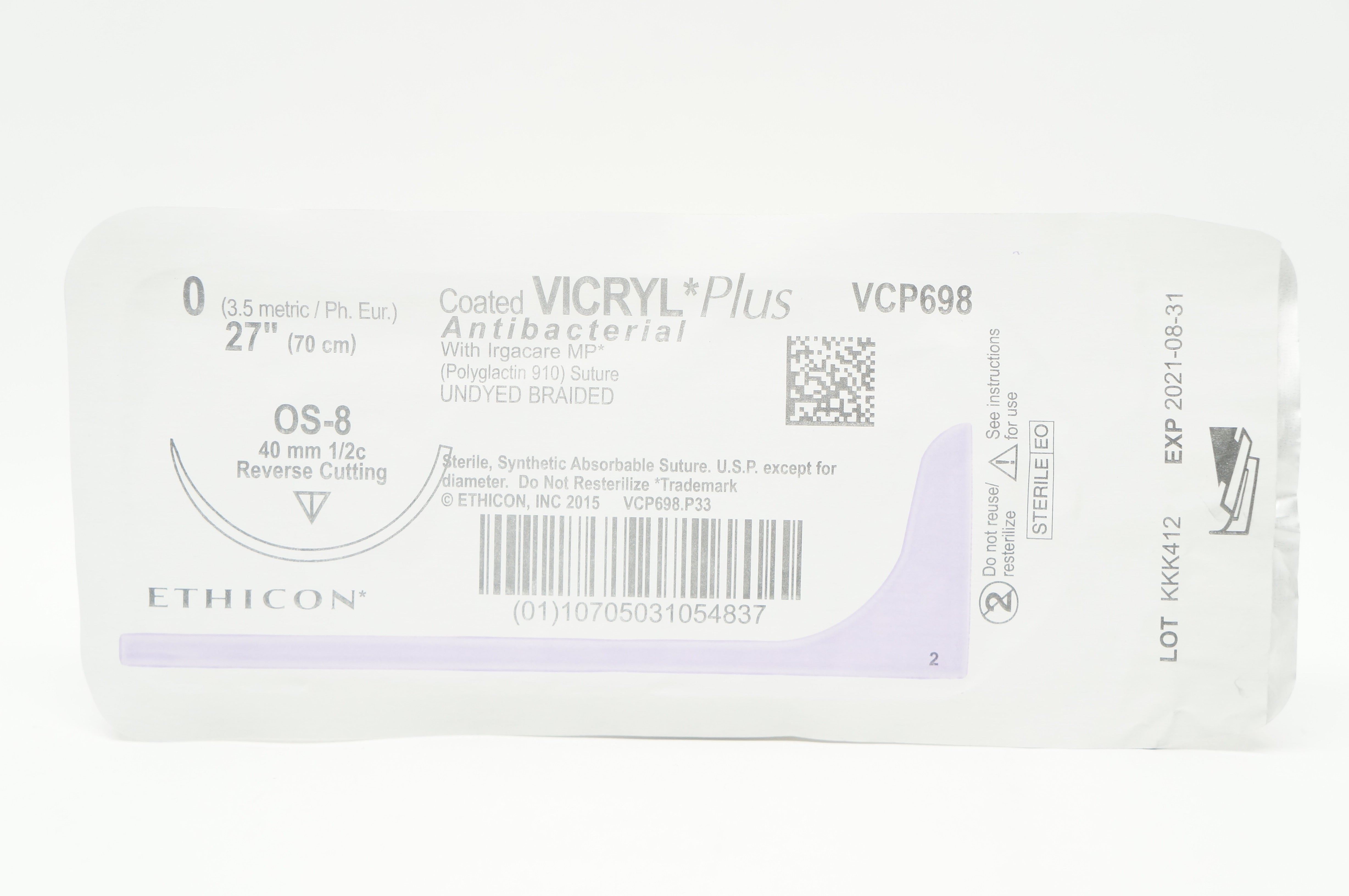 Ethicon VCP698H VICRYL Plus, OS-8, 40mm 1/2c Reverse Cutting 27in. (x)