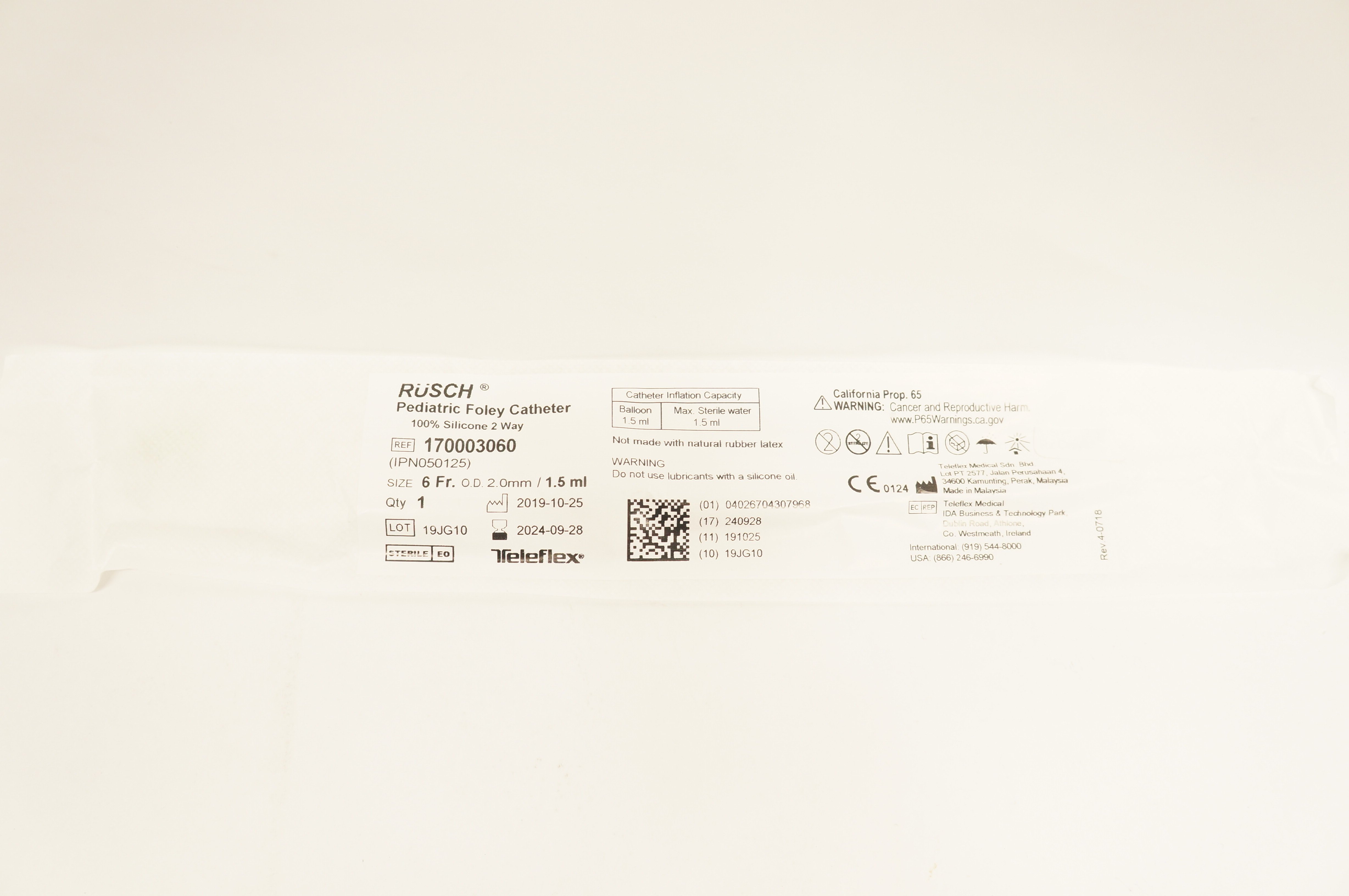 Teleflex 170003060 RUSCH Pediatric Foley Cath. 6Fr x 2.0mm O.D. x 1.5ml